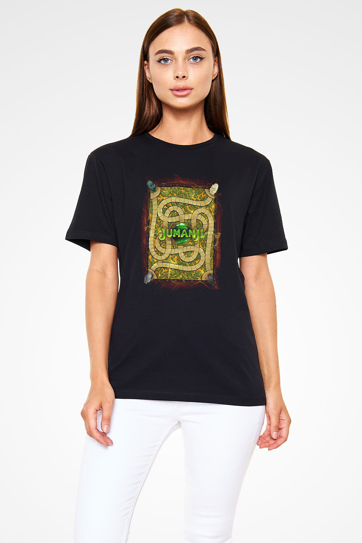 Jumanji Baskılı Unisex Siyah Tişört - Tshirt