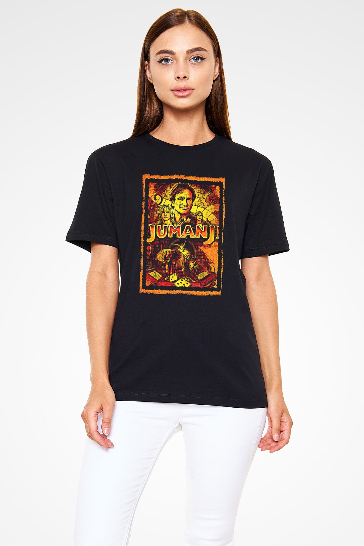 Jumanji Baskılı Unisex Siyah Tişört - Tshirt