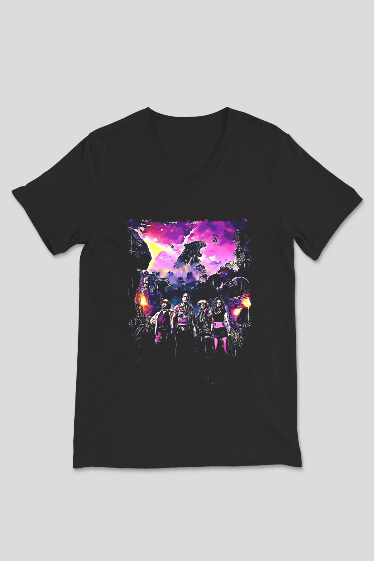 Jumanji Baskılı Unisex Siyah V Yaka Tişört - Tshirt