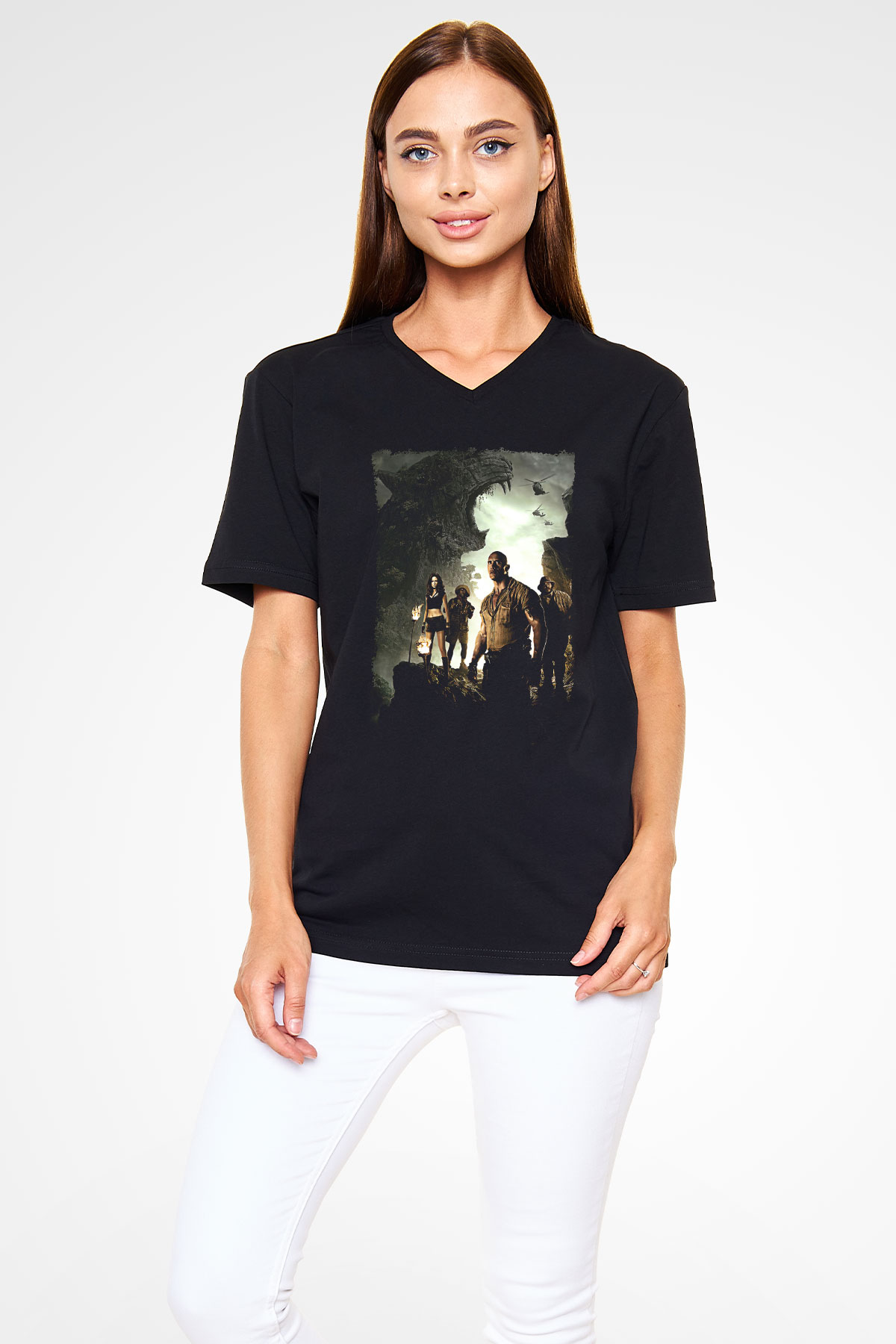 Jumanji Baskılı Unisex Siyah V Yaka Tişört - Tshirt