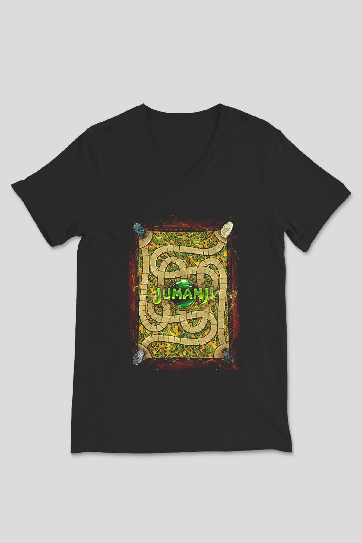 Jumanji Baskılı Unisex Siyah V Yaka Tişört - Tshirt