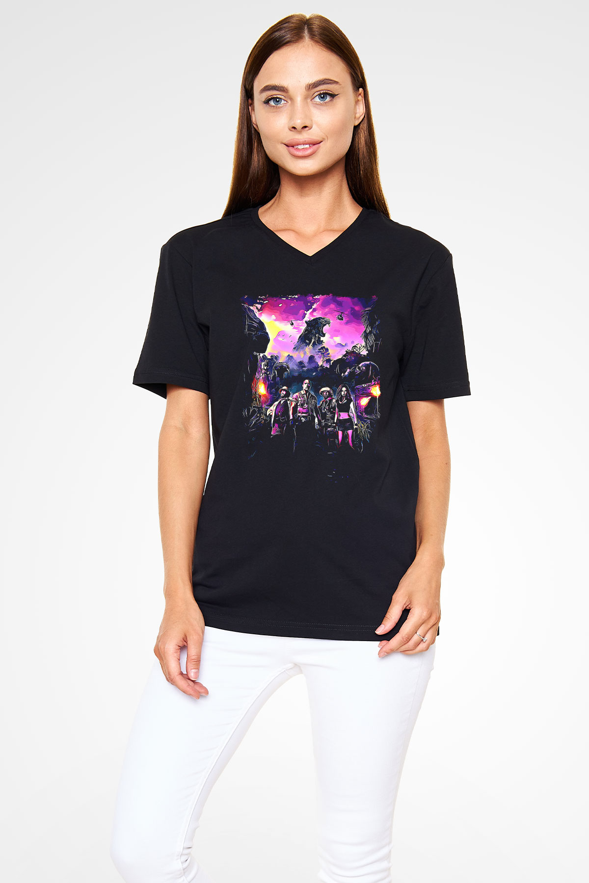 Jumanji Baskılı Unisex Siyah V Yaka Tişört - Tshirt