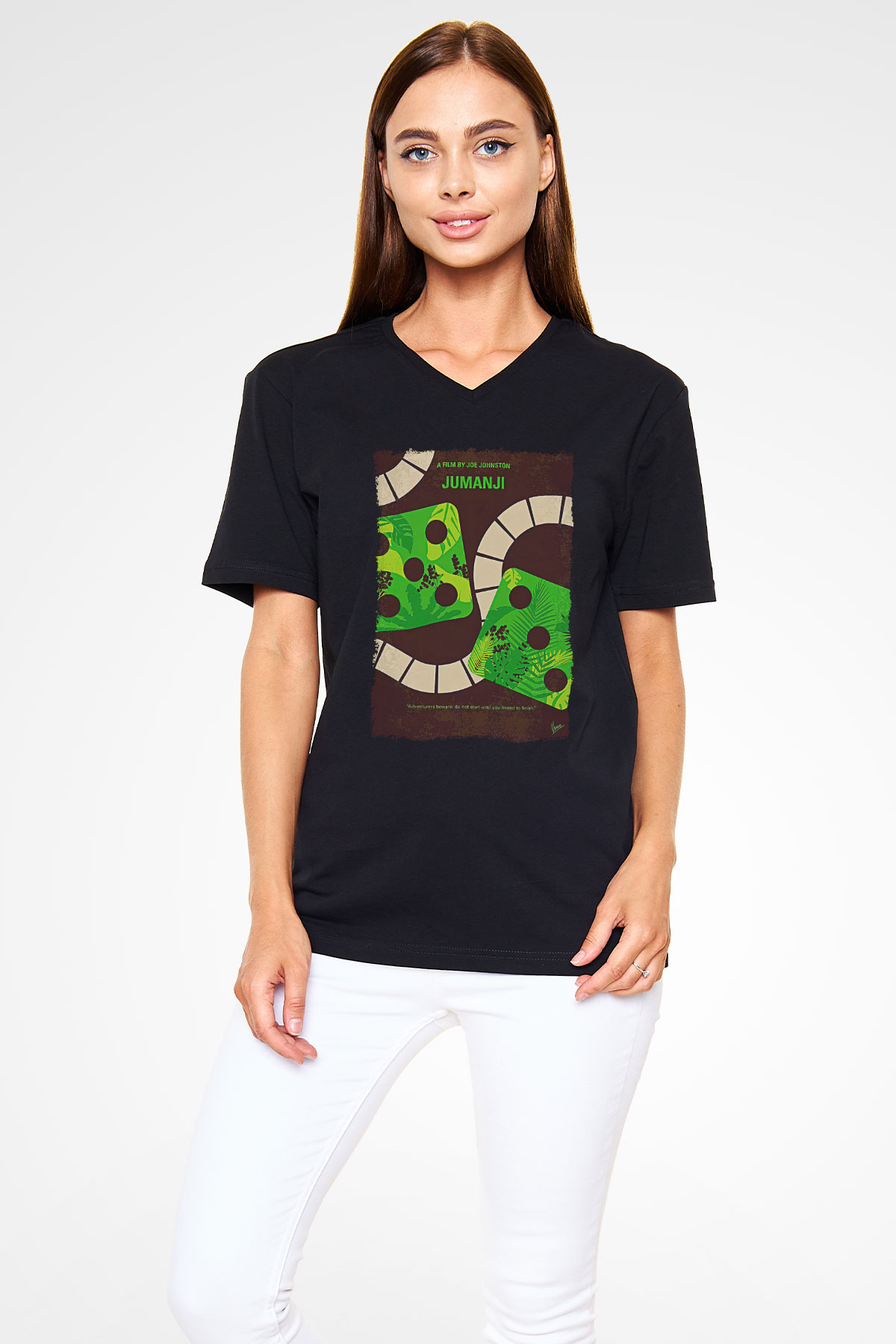 Jumanji Baskılı Unisex Siyah V Yaka Tişört - Tshirt