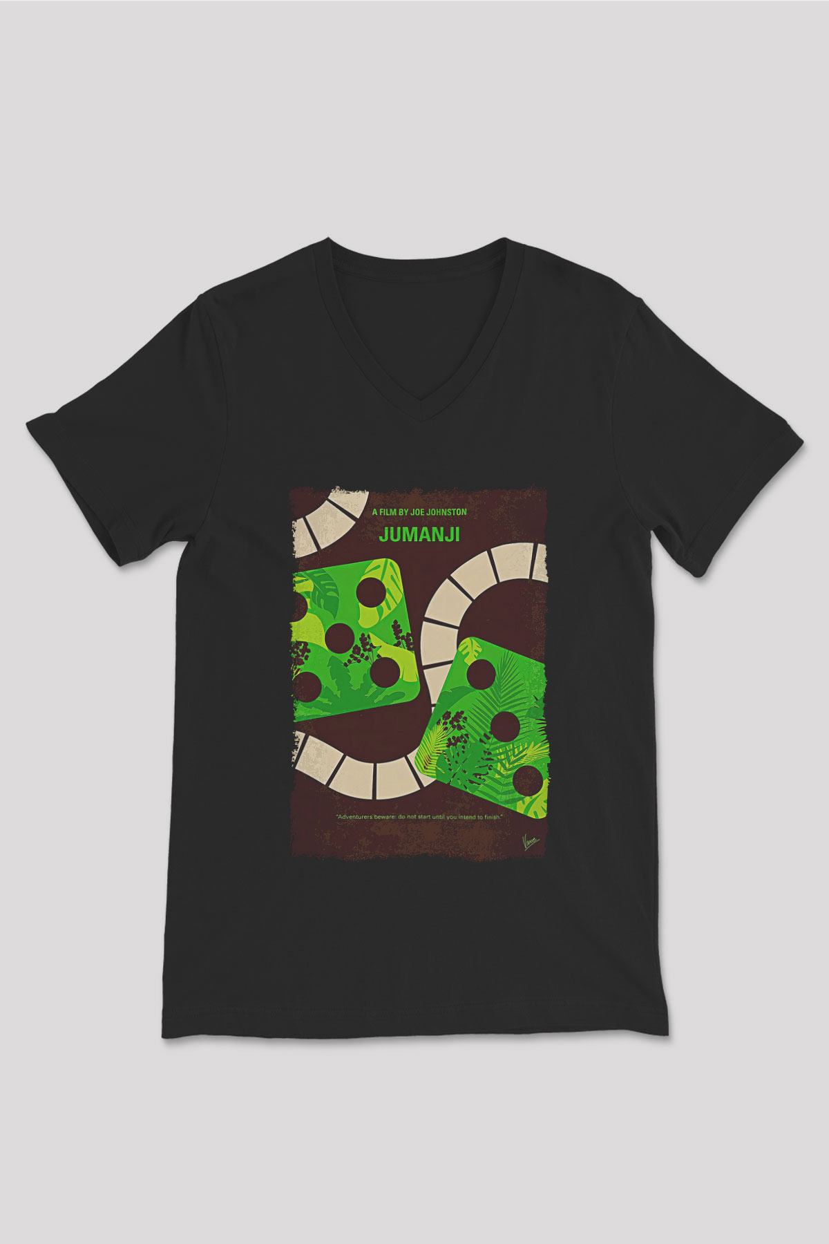 Jumanji Baskılı Unisex Siyah V Yaka Tişört - Tshirt