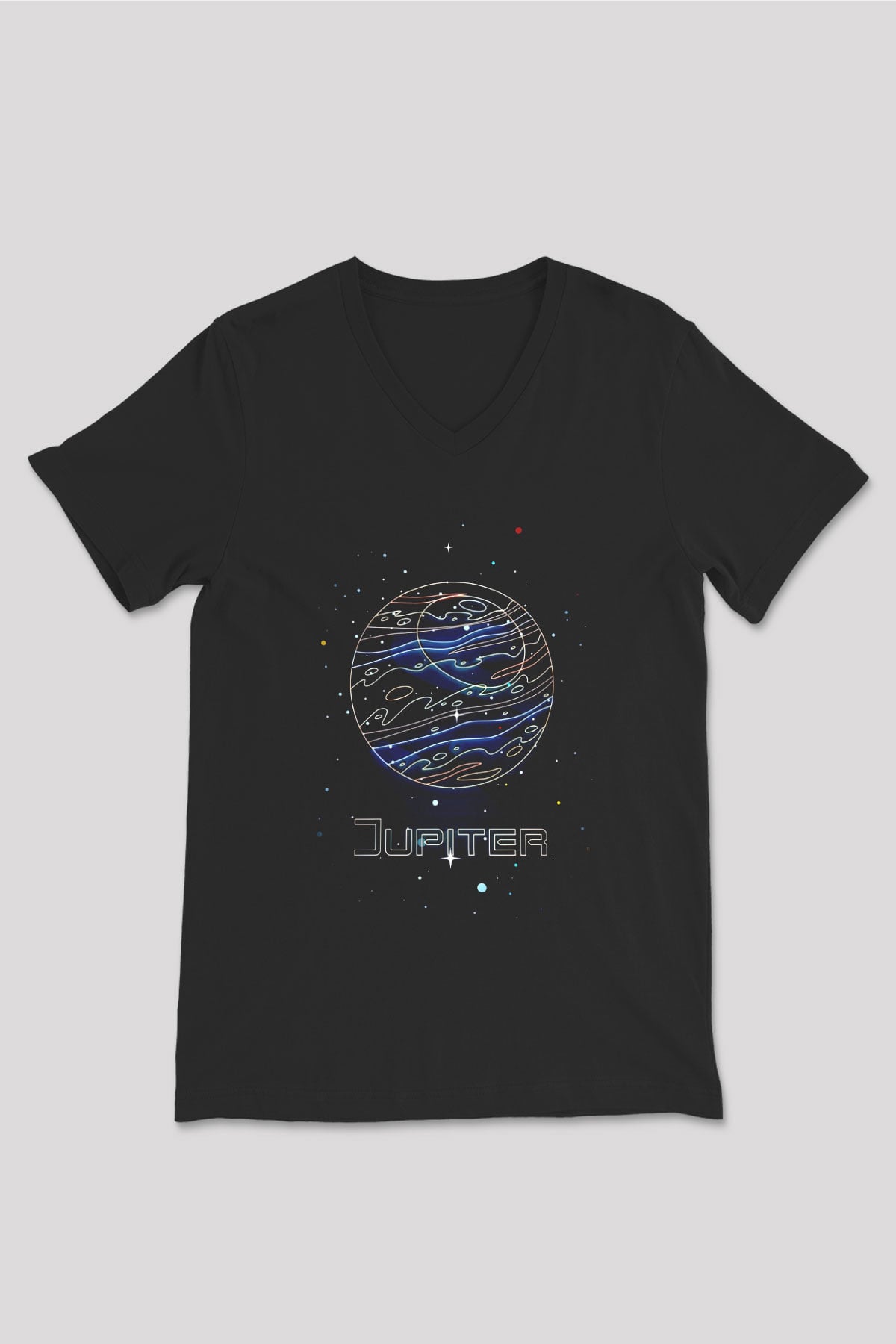 Jüpiter Çizim Baskılı Unisex V Yaka Siyah Tİşört - Tshirt