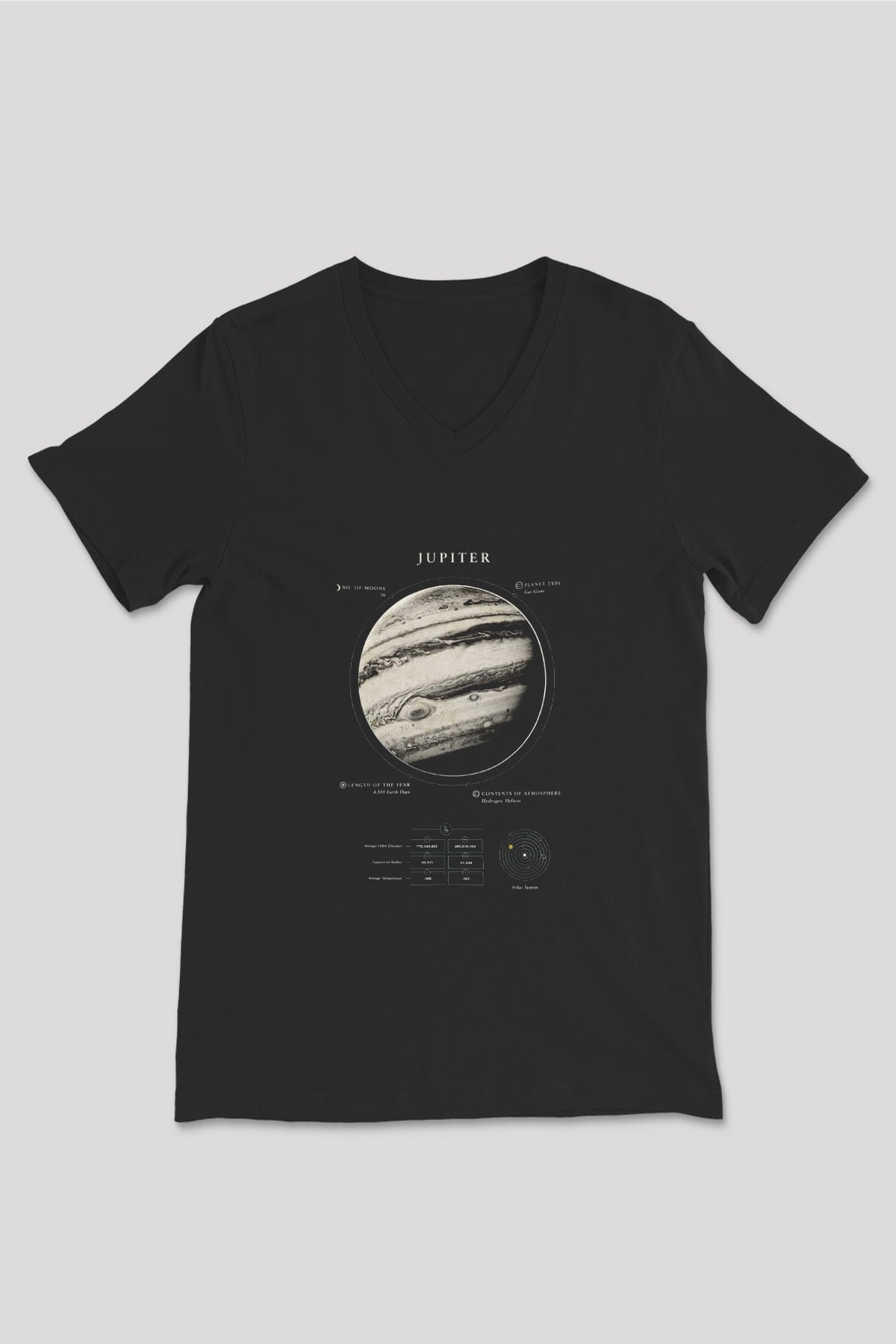 Jüpiter Fiziksel Özellikleri Baskılı Unisex V Yaka Siyah Tİşört - Tshirt