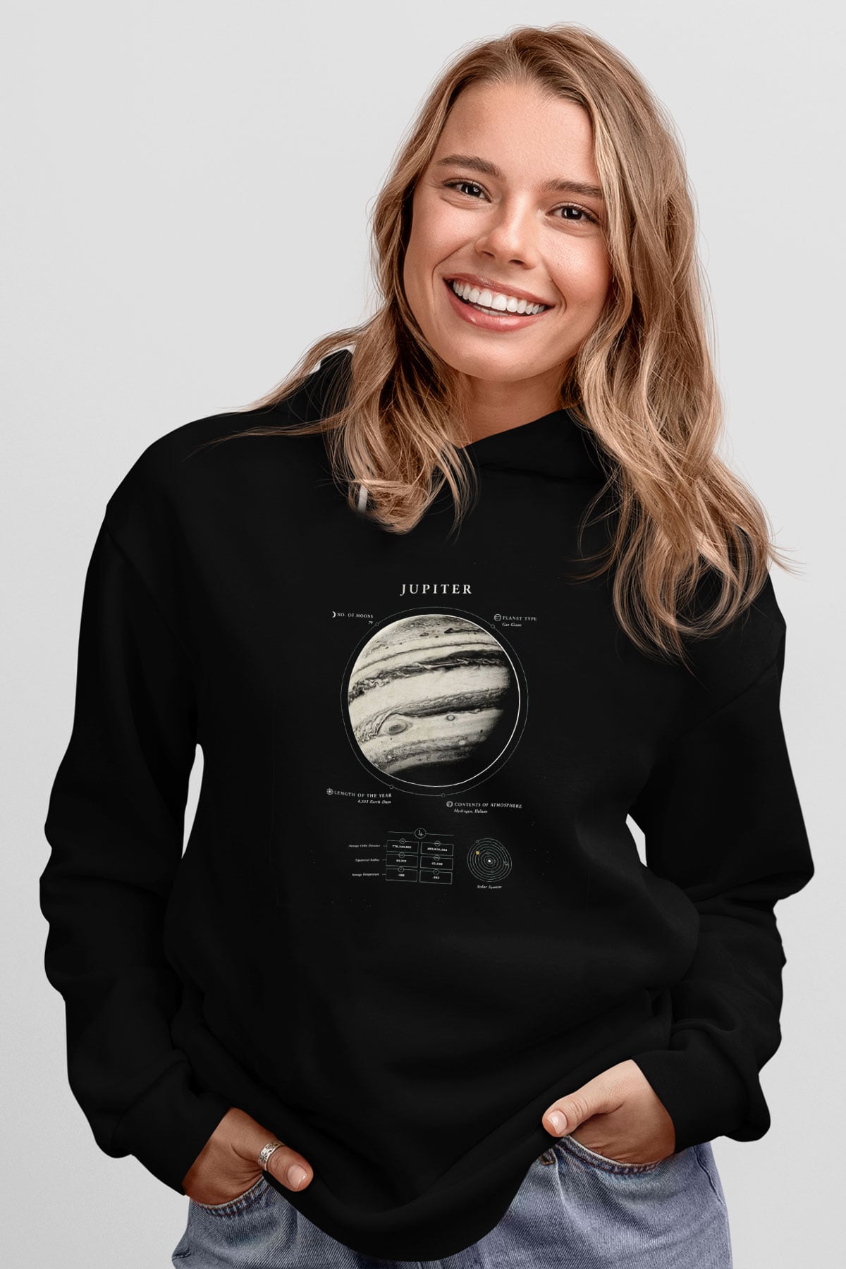 Jüpiter Fiziksel Özellikleri Baskılı Unisex Siyah Hoodie