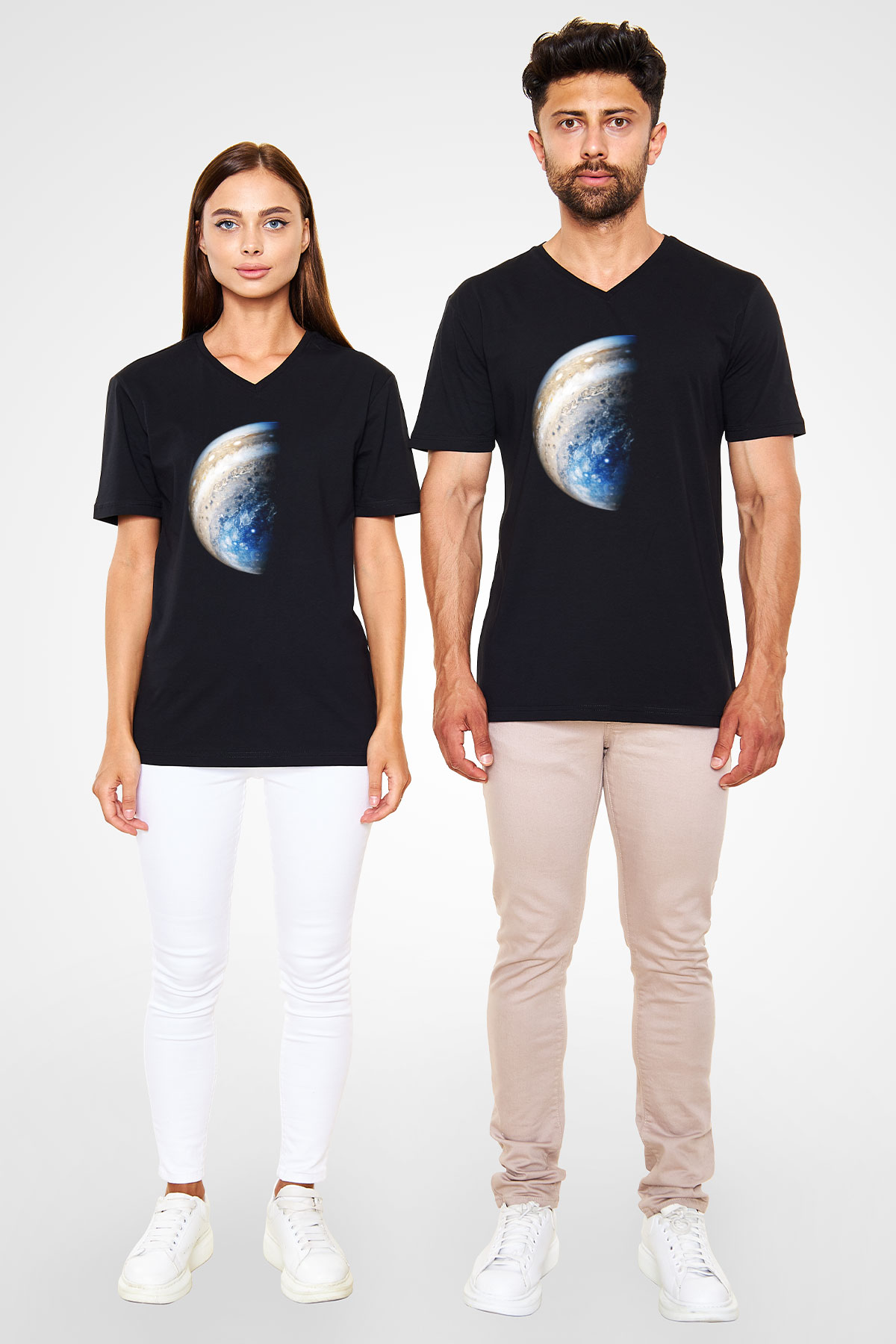 Jüpiter Siyah Unisex V Yaka Tişört T-Shirt