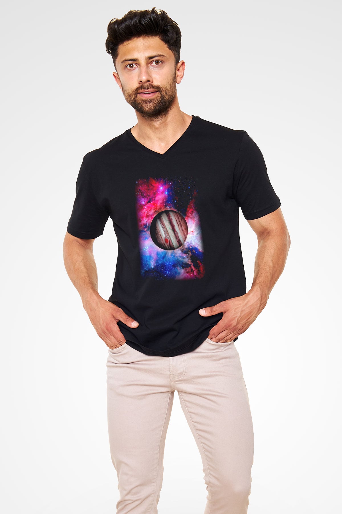 Jüpiter Siyah Unisex V Yaka Tişört T-Shirt