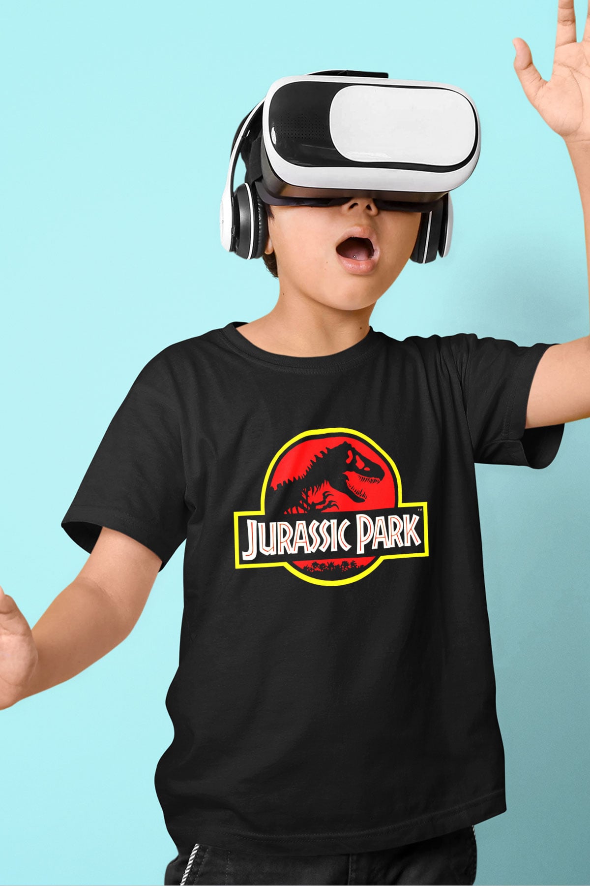 Jurassic Park Baskılı Siyah Unisex Çocuk Tişört