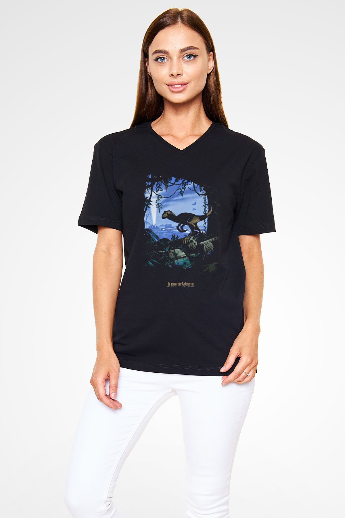 Jurassic Park Siyah Unisex V Yaka Tişört T-Shirt