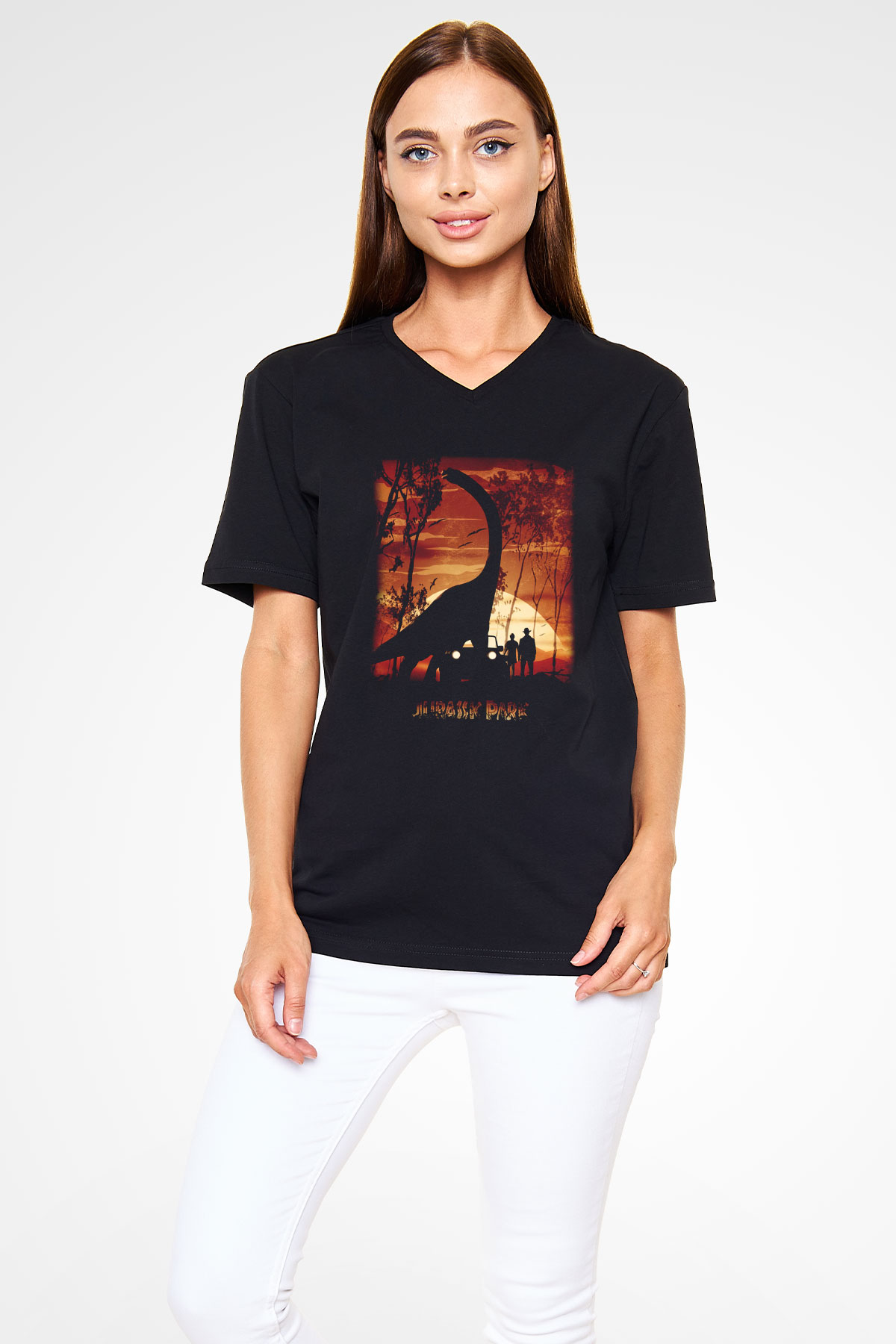 Jurassic Park Siyah Unisex V Yaka Tişört T-Shirt