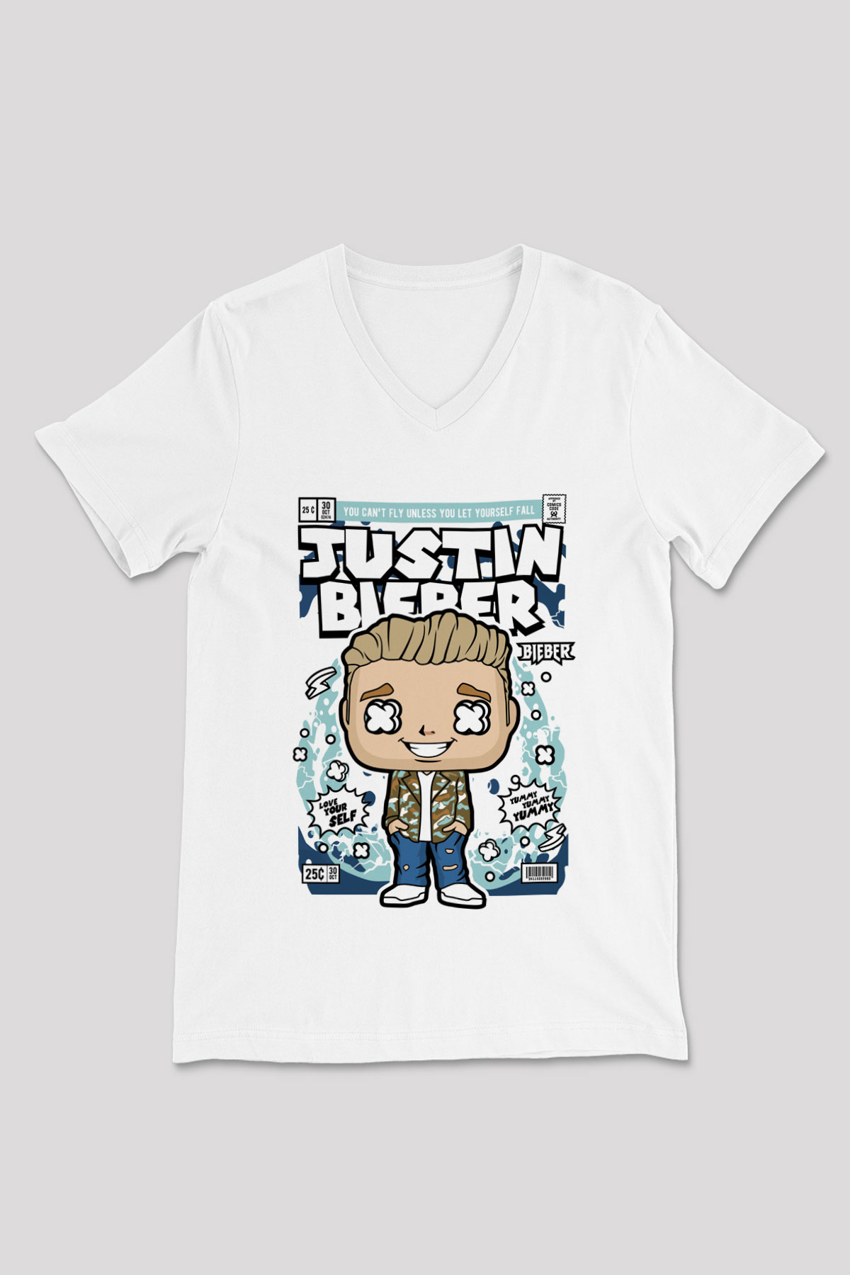 Justin Bieber Baskılı Unisex Beyaz V Yaka Tişört