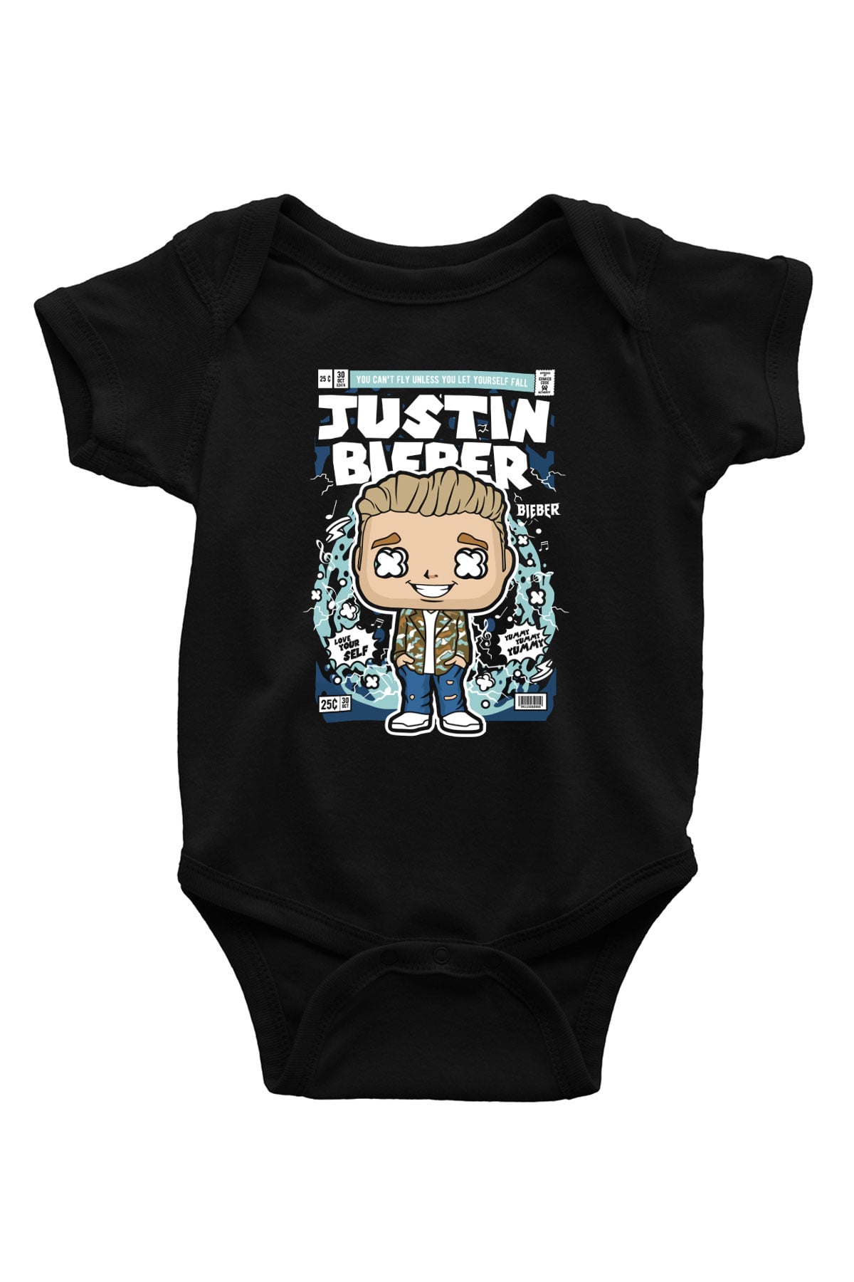 Justin Bieber Baskılı Unisex Siyah Bebek Body - Zıbın