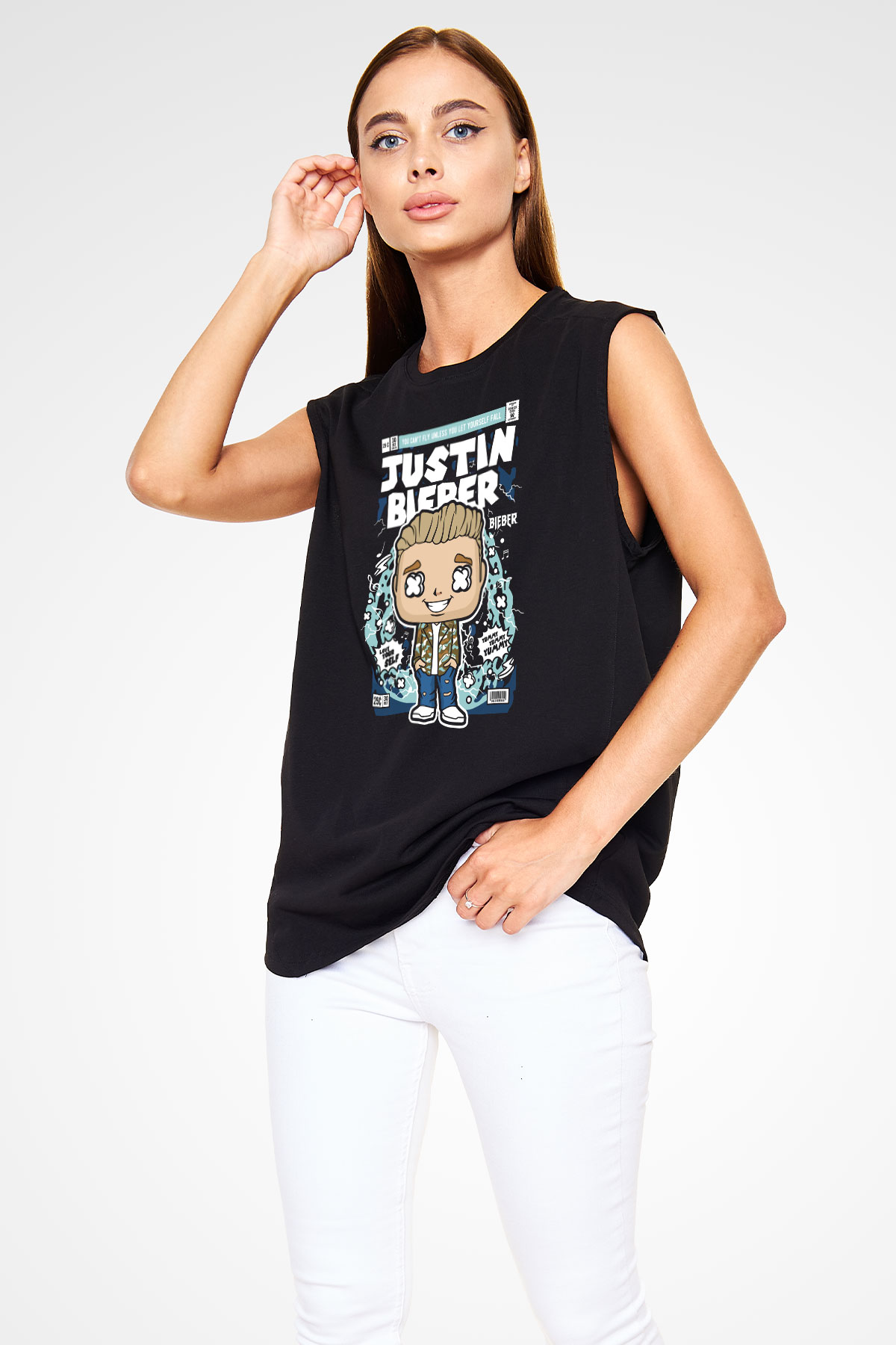 Justin Bieber Baskılı Unisex Siyah Kolsuz Tişört