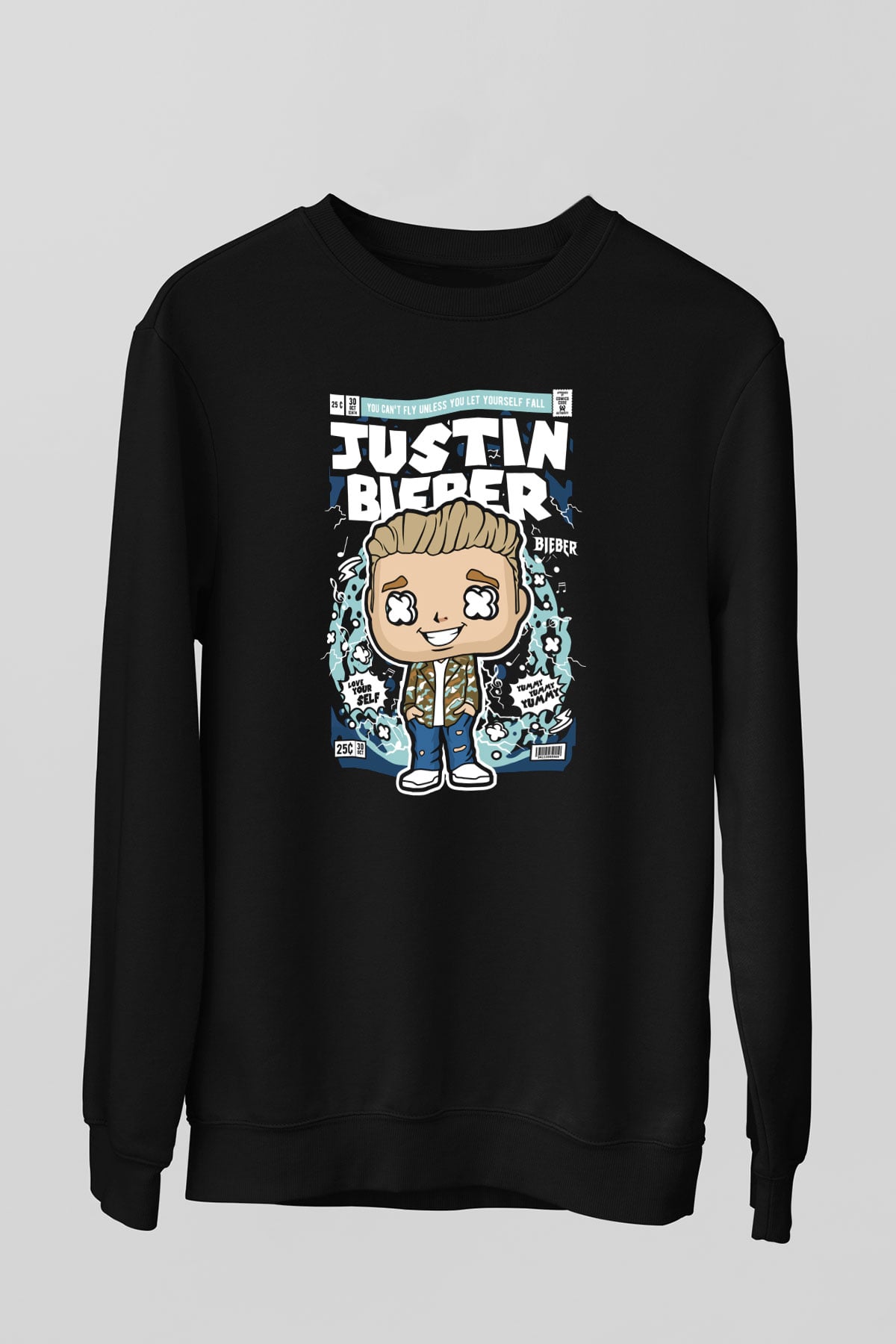Justin Bieber Baskılı Unisex Siyah Sweatshirt