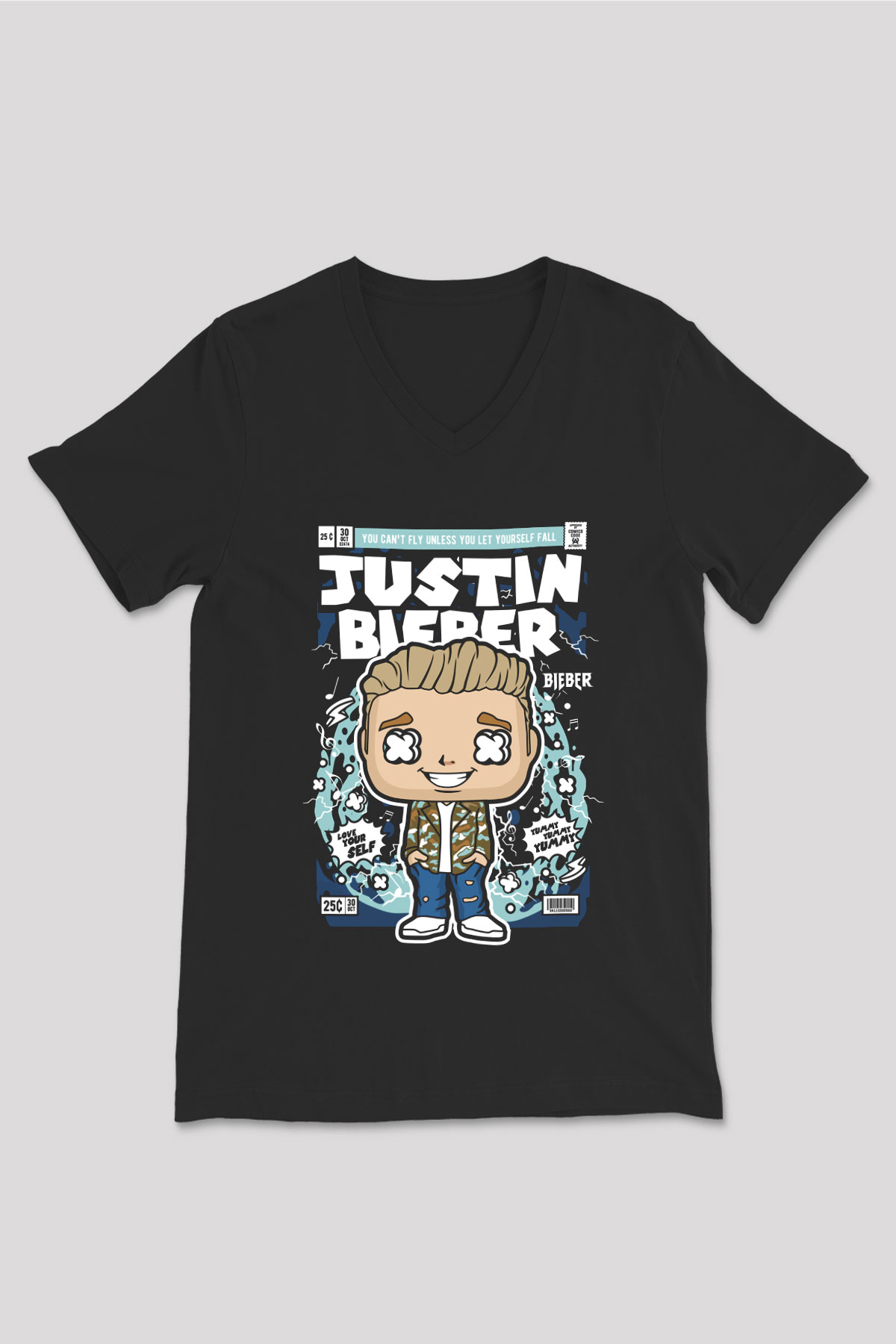 Justin Bieber Baskılı Unisex Siyah V Yaka Tişört