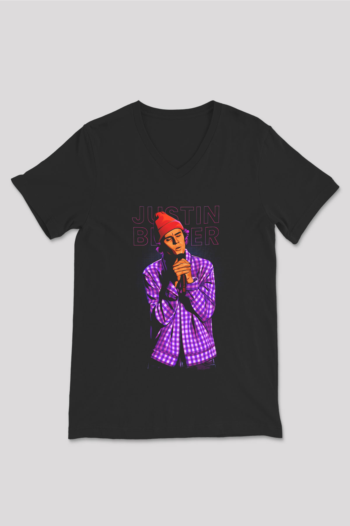 Justin Bieber Siyah Unisex V Yaka Tişört
