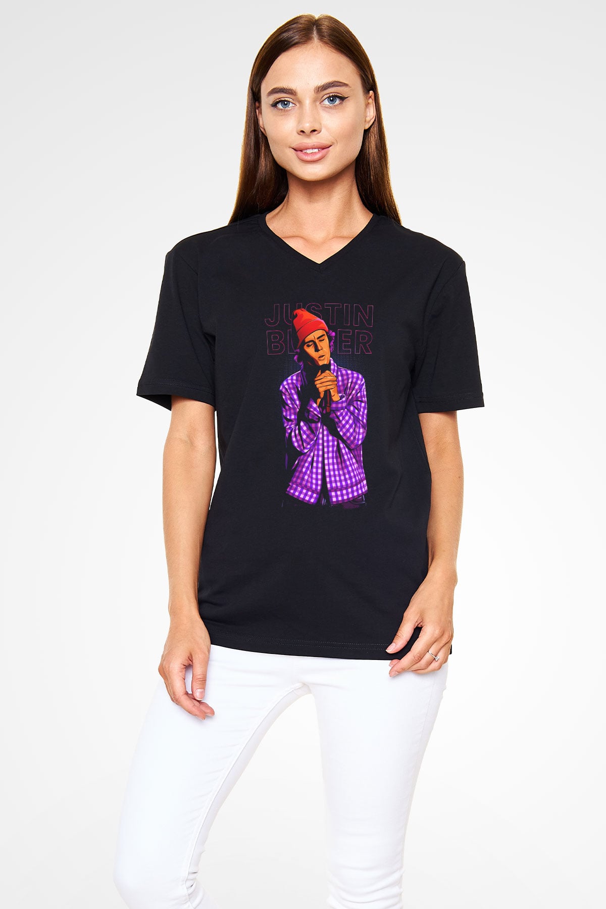Justin Bieber Siyah Unisex V Yaka Tişört