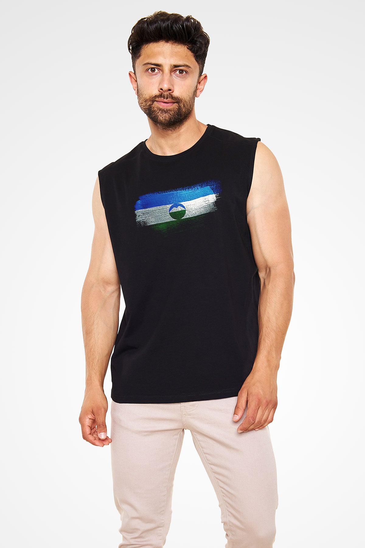 Kabardino Balkarya - Kabardino Balkaria Bayrağı Baskılı Unisex Siyah Kolsuz Tişört