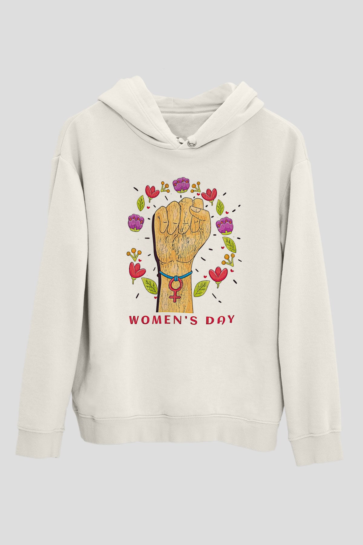Kadınlar Günü Baskılı Beyaz Unisex Kapüşonlu Sweatshirt