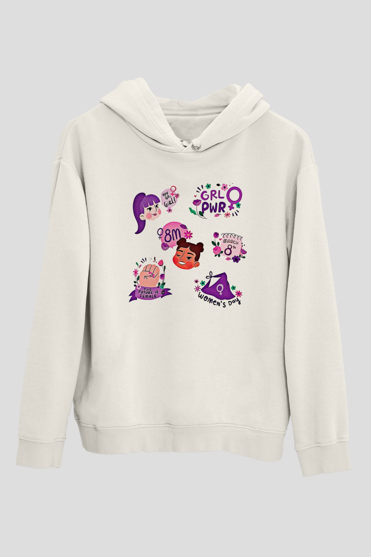 Kadınlar Günü Baskılı Beyaz Unisex Kapüşonlu Sweatshirt