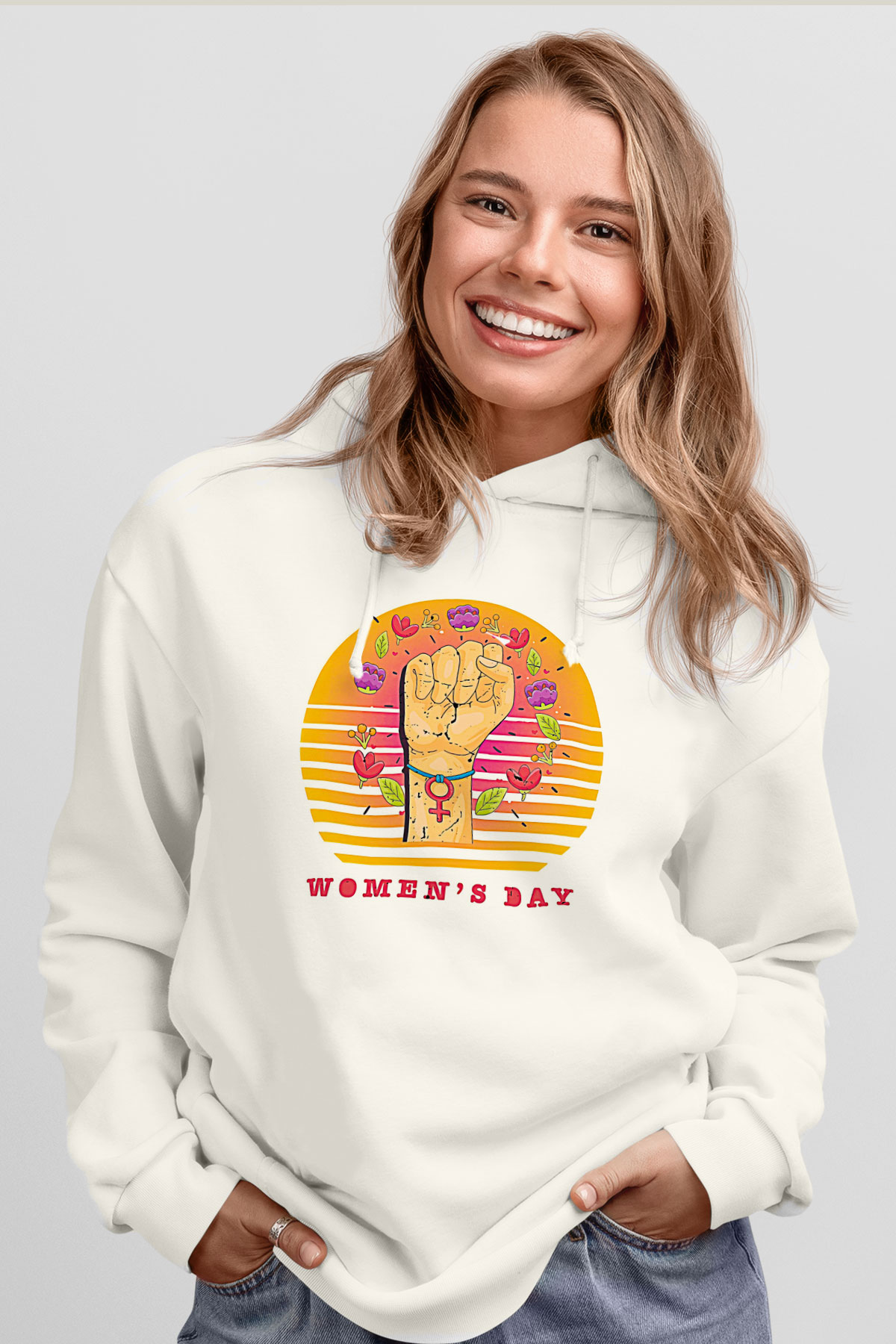 Kadınlar Günü Baskılı Beyaz Unisex Kapüşonlu Sweatshirt