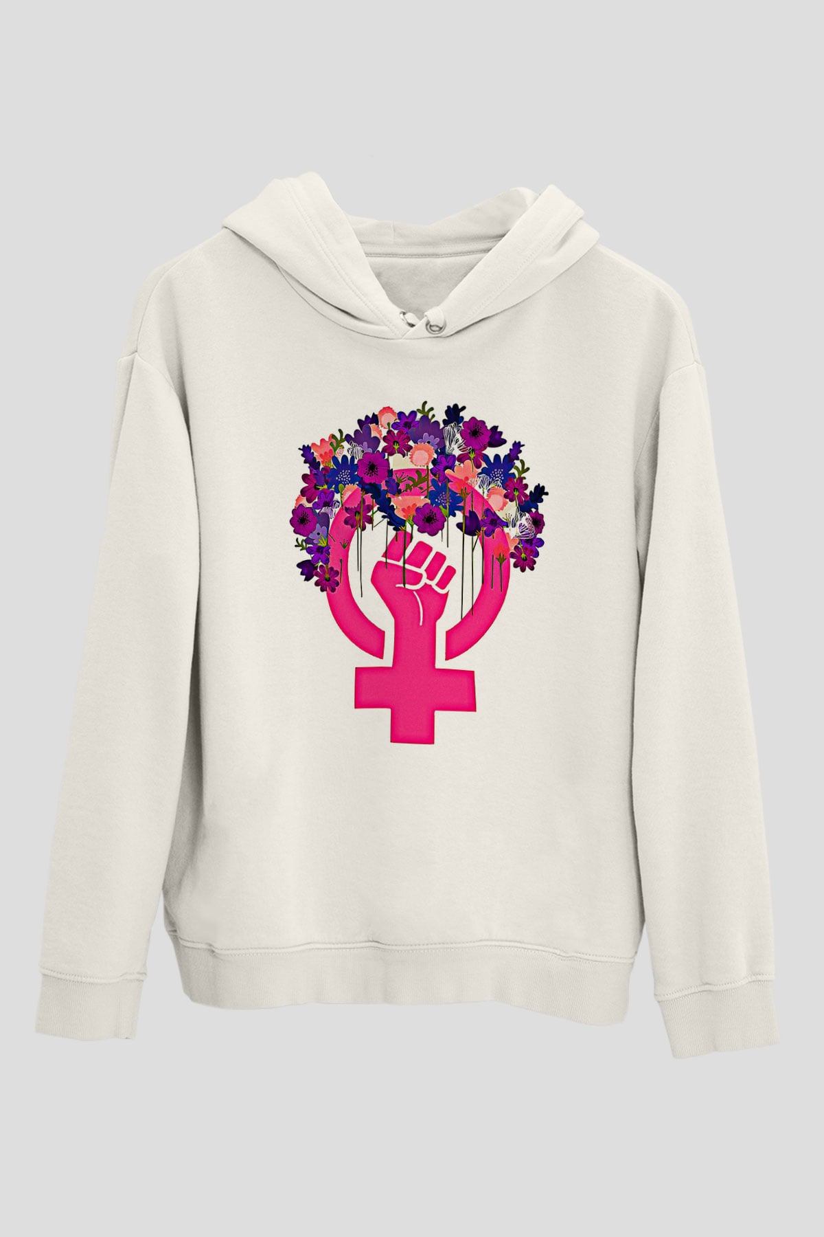 Kadınlar Günü Baskılı Beyaz Unisex Kapüşonlu Sweatshirt