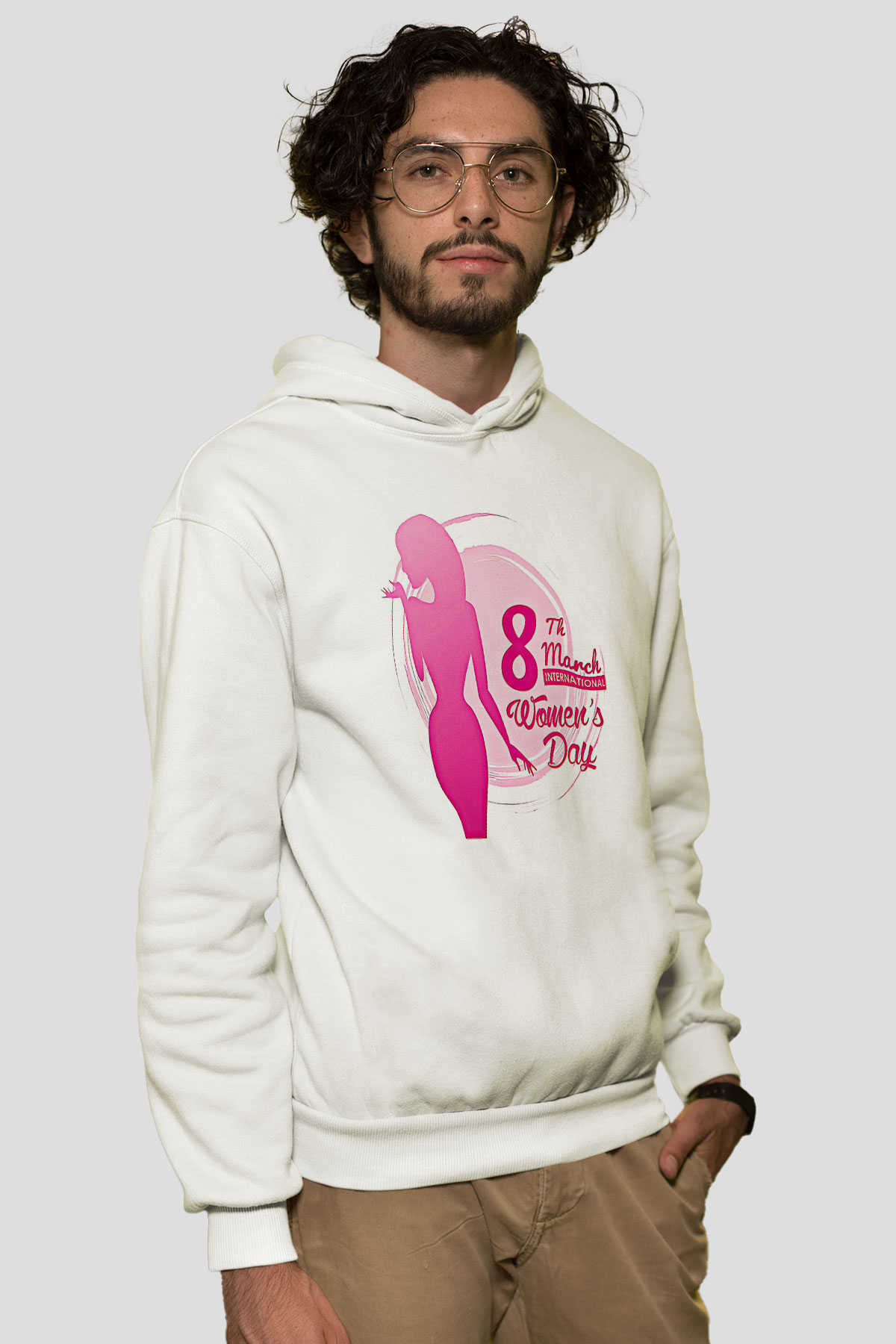 Kadınlar Günü Baskılı Beyaz Unisex Kapüşonlu Sweatshirt