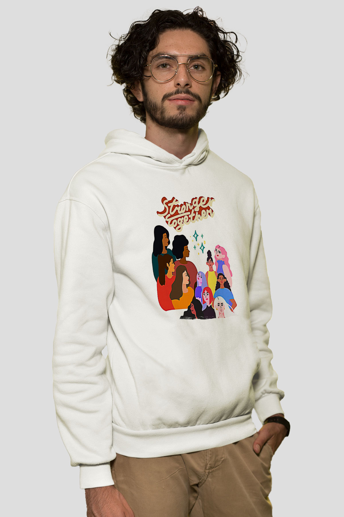 Kadınlar Günü Baskılı Beyaz Unisex Kapüşonlu Sweatshirt