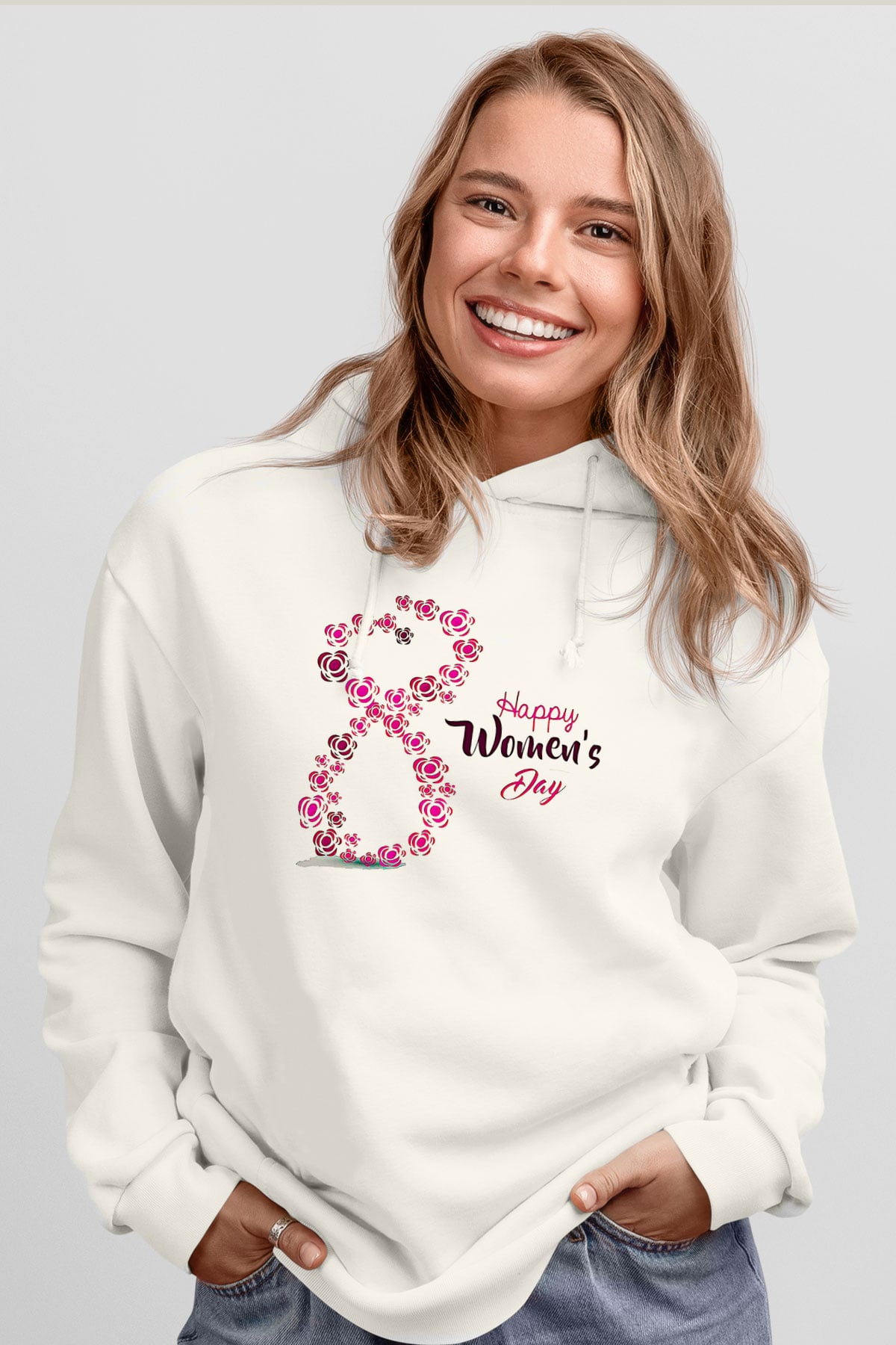 Kadınlar Günü Baskılı Beyaz Unisex Kapüşonlu Sweatshirt