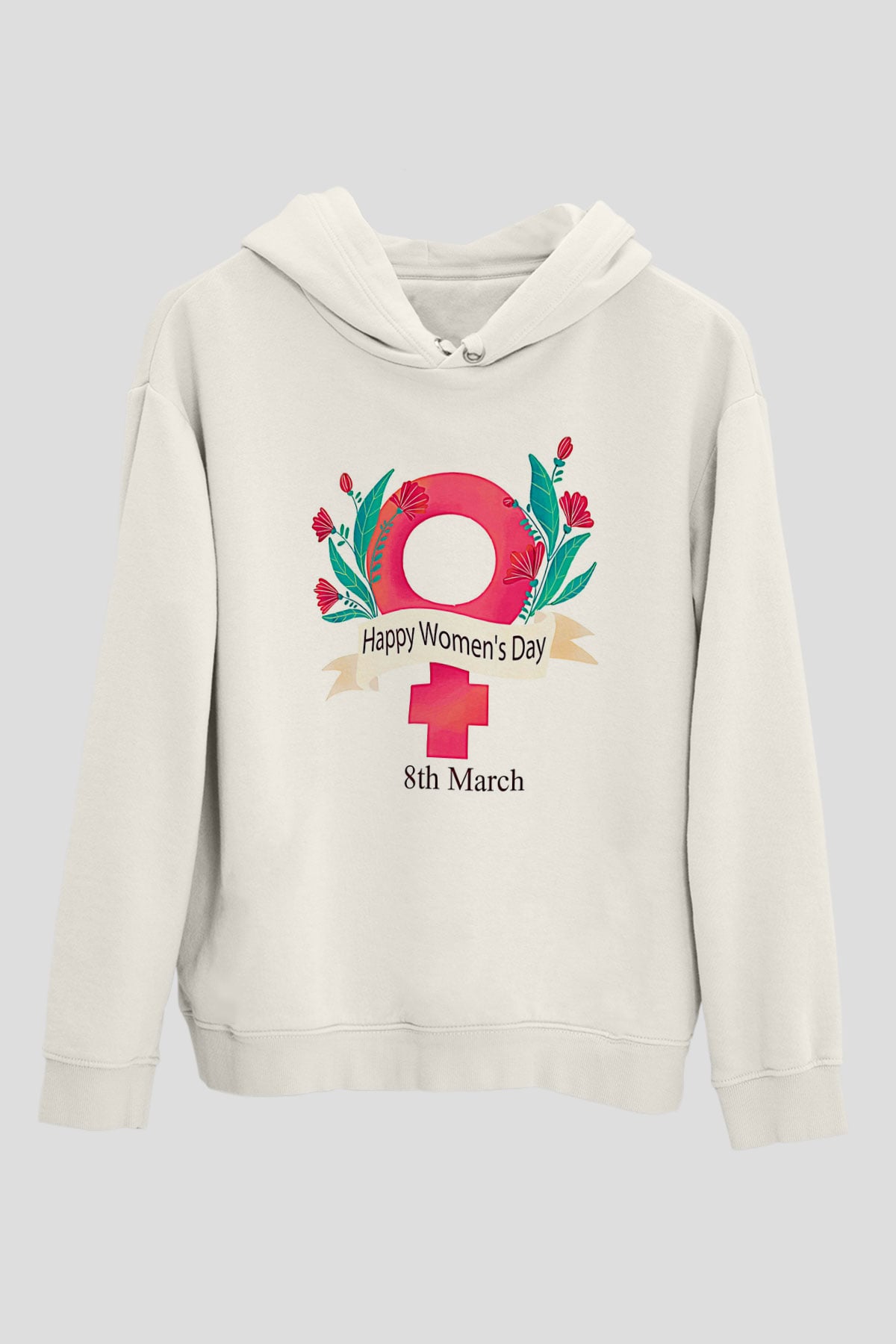 Kadınlar Günü Baskılı Beyaz Unisex Kapüşonlu Sweatshirt