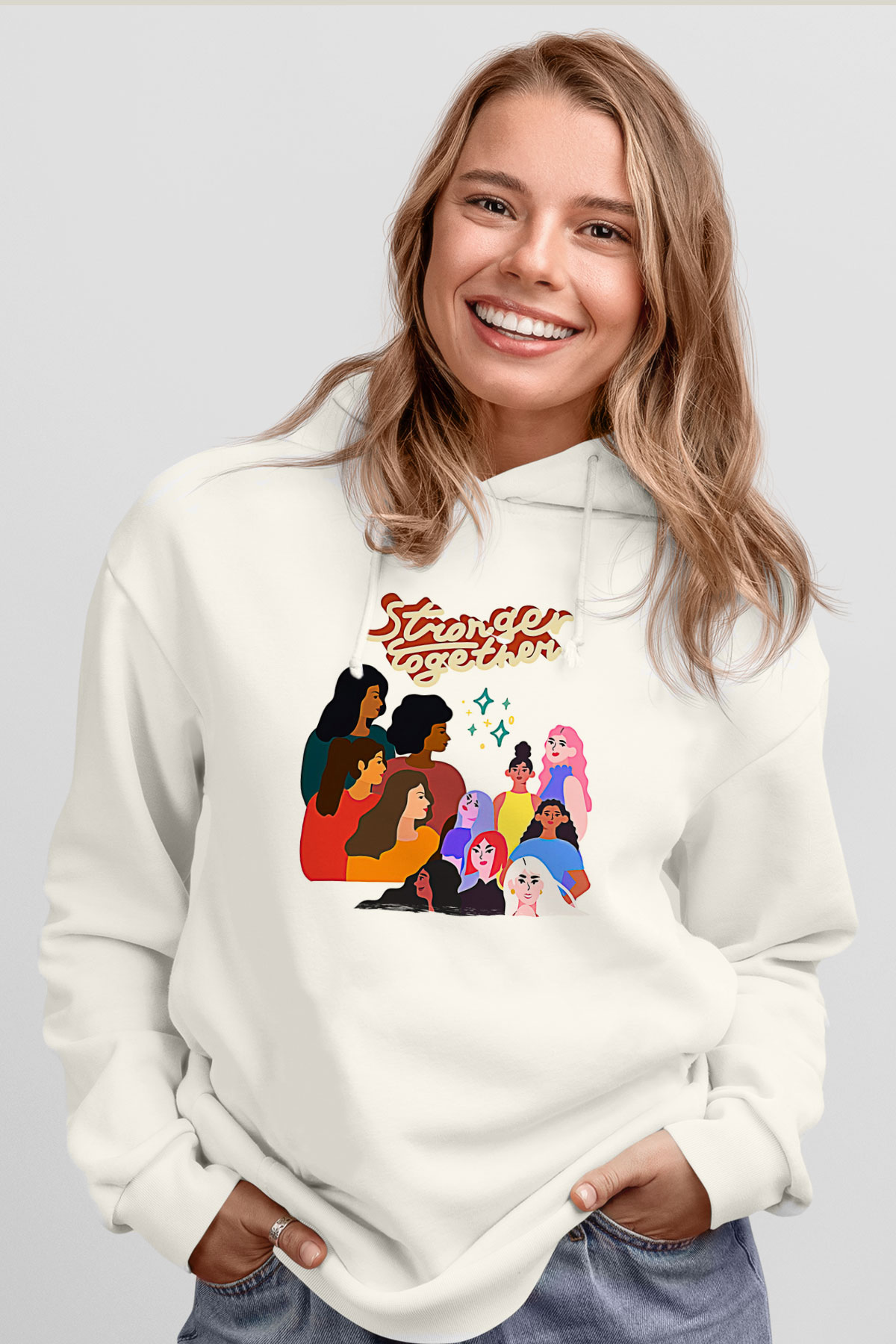 Kadınlar Günü Baskılı Beyaz Unisex Kapüşonlu Sweatshirt
