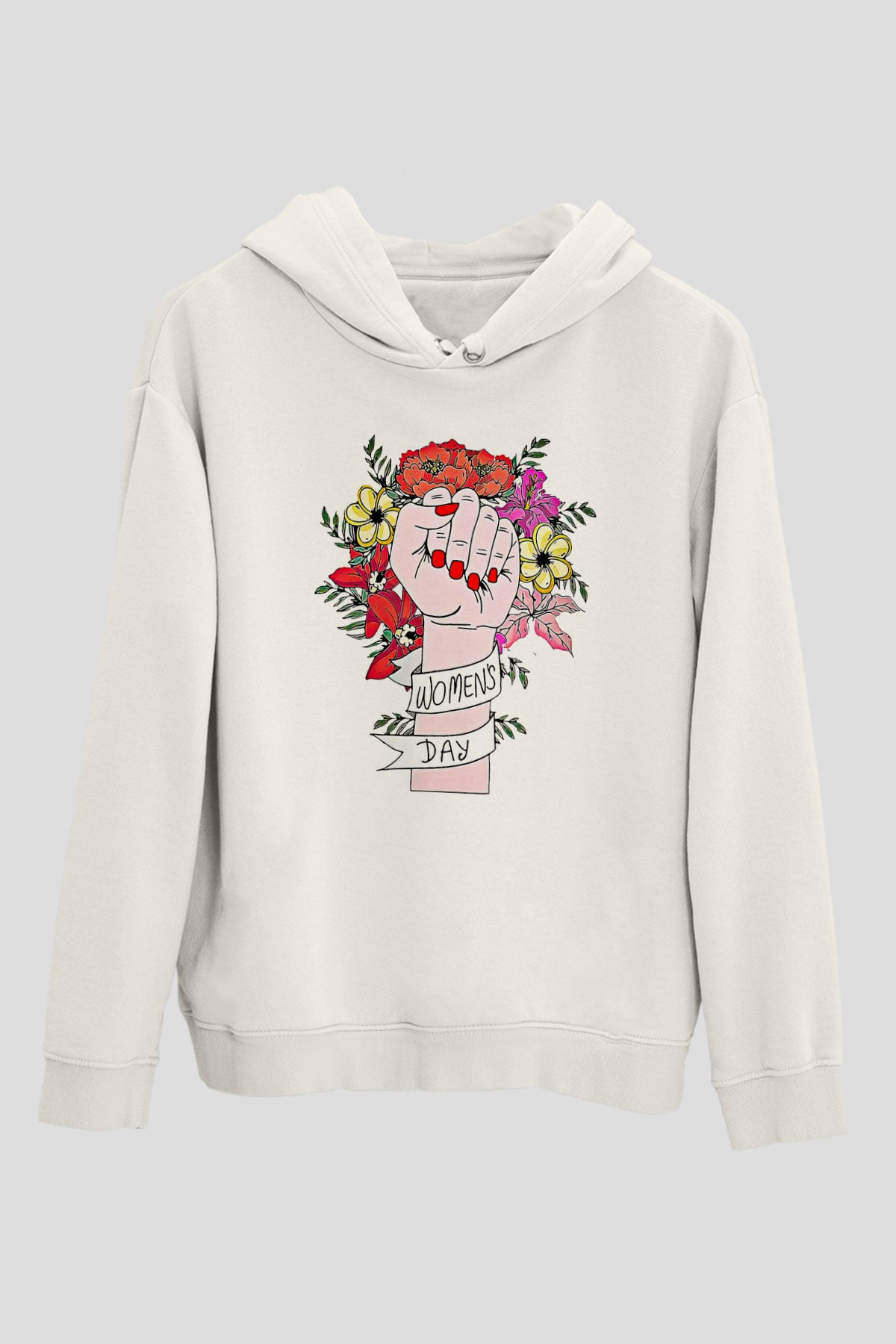 Kadınlar Günü Baskılı Beyaz Unisex Kapüşonlu Sweatshirt