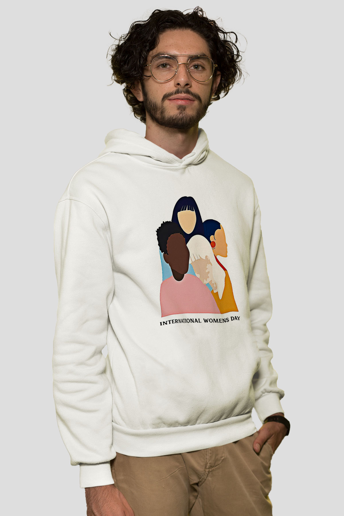 Kadınlar Günü Baskılı Beyaz Unisex Kapüşonlu Sweatshirt