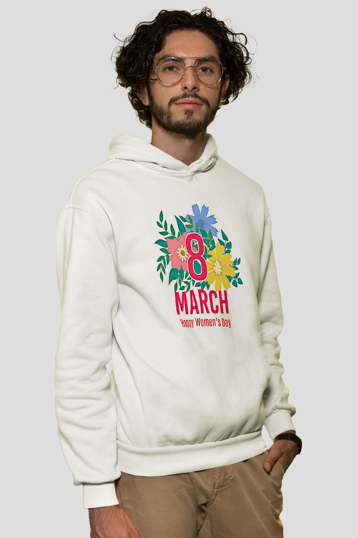 Kadınlar Günü Baskılı Beyaz Unisex Kapüşonlu Sweatshirt