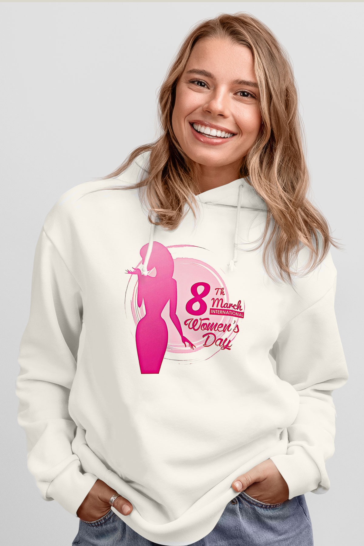 Kadınlar Günü Baskılı Beyaz Unisex Kapüşonlu Sweatshirt