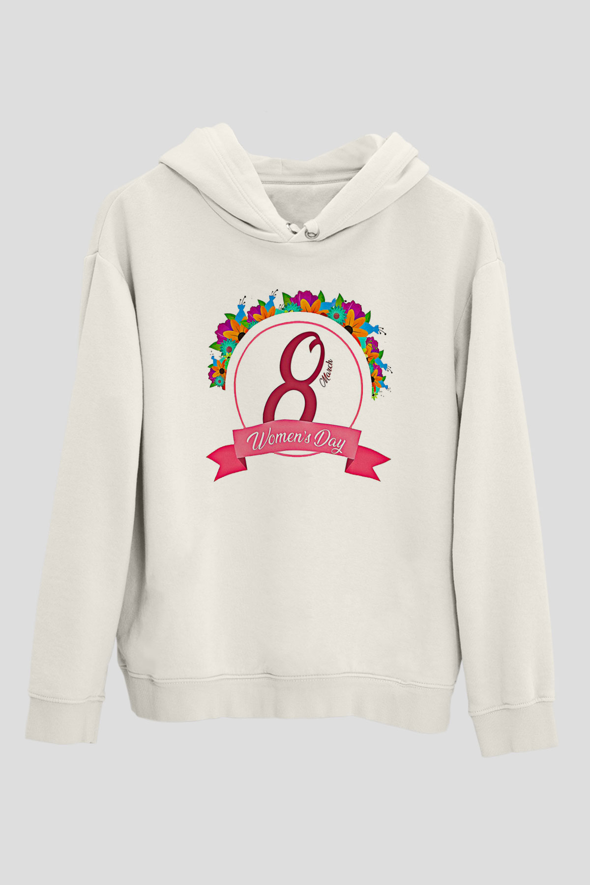 Kadınlar Günü Baskılı Beyaz Unisex Kapüşonlu Sweatshirt