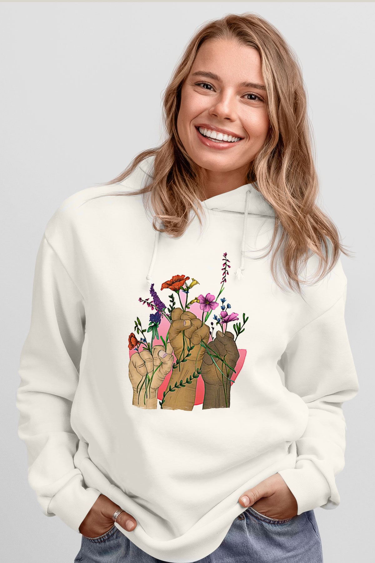 Kadınlar Günü Baskılı Beyaz Unisex Kapüşonlu Sweatshirt