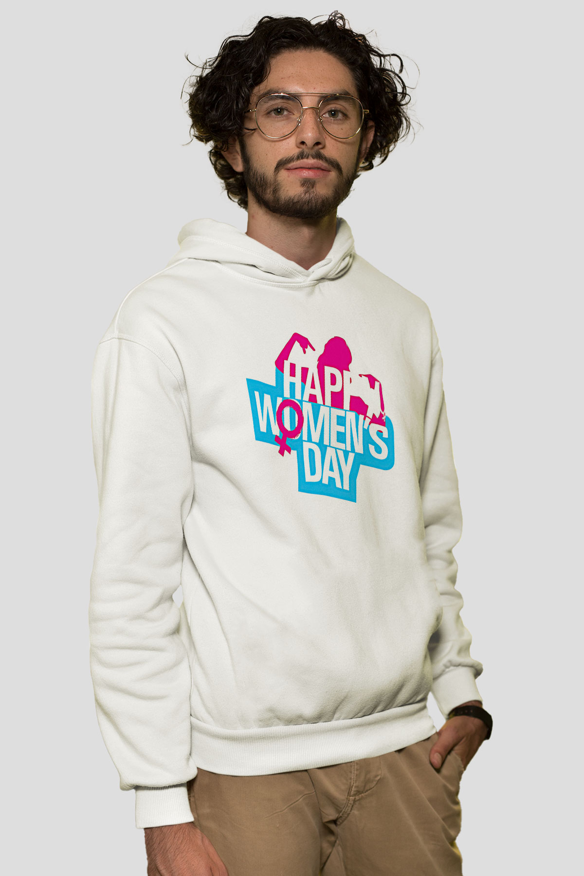 Kadınlar Günü Baskılı Beyaz Unisex Kapüşonlu Sweatshirt