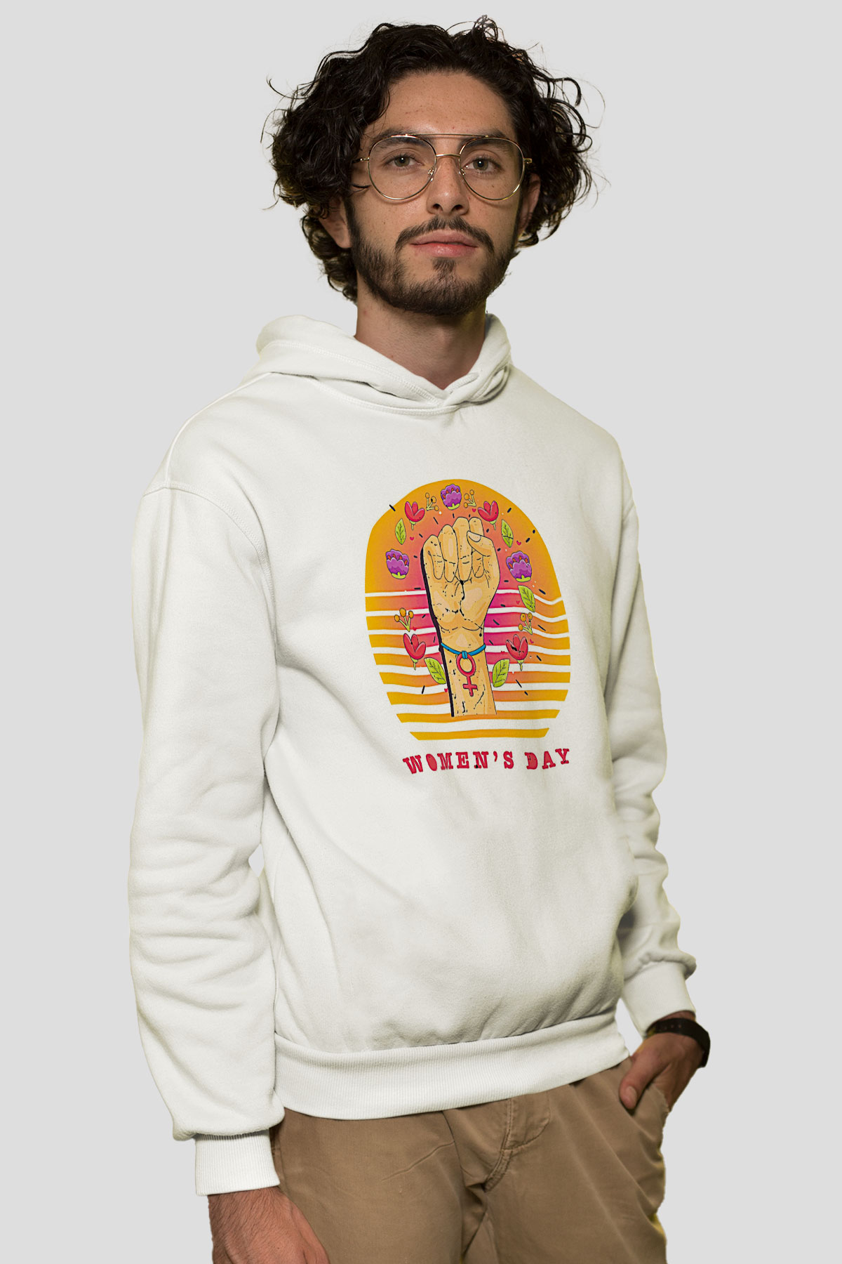 Kadınlar Günü Baskılı Beyaz Unisex Kapüşonlu Sweatshirt