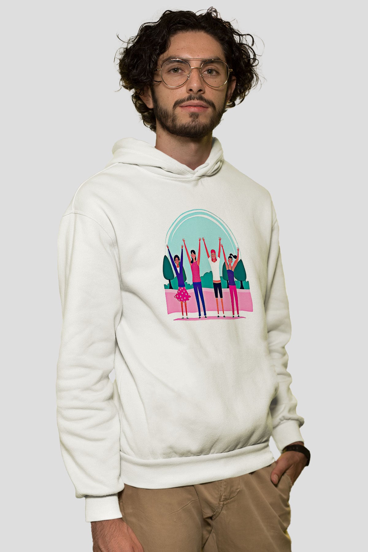 Kadınlar Günü Baskılı Beyaz Unisex Kapüşonlu Sweatshirt