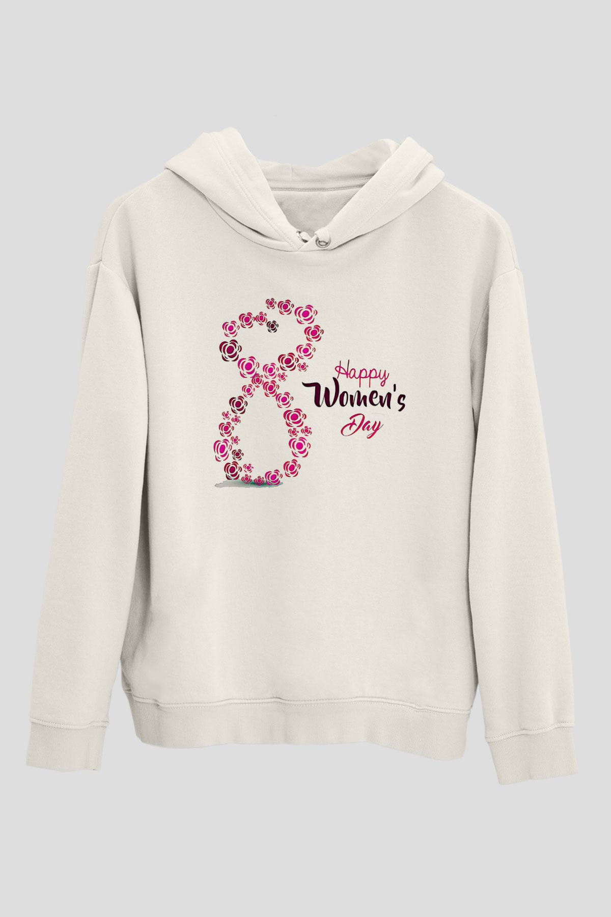 Kadınlar Günü Baskılı Beyaz Unisex Kapüşonlu Sweatshirt