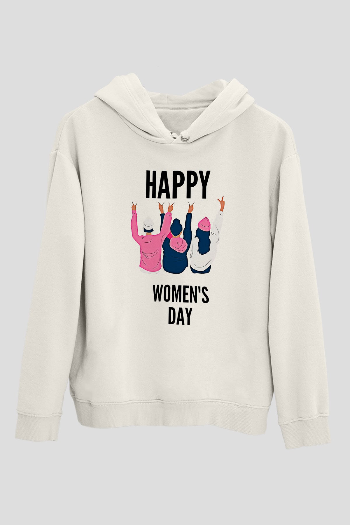Kadınlar Günü Baskılı Beyaz Unisex Kapüşonlu Sweatshirt