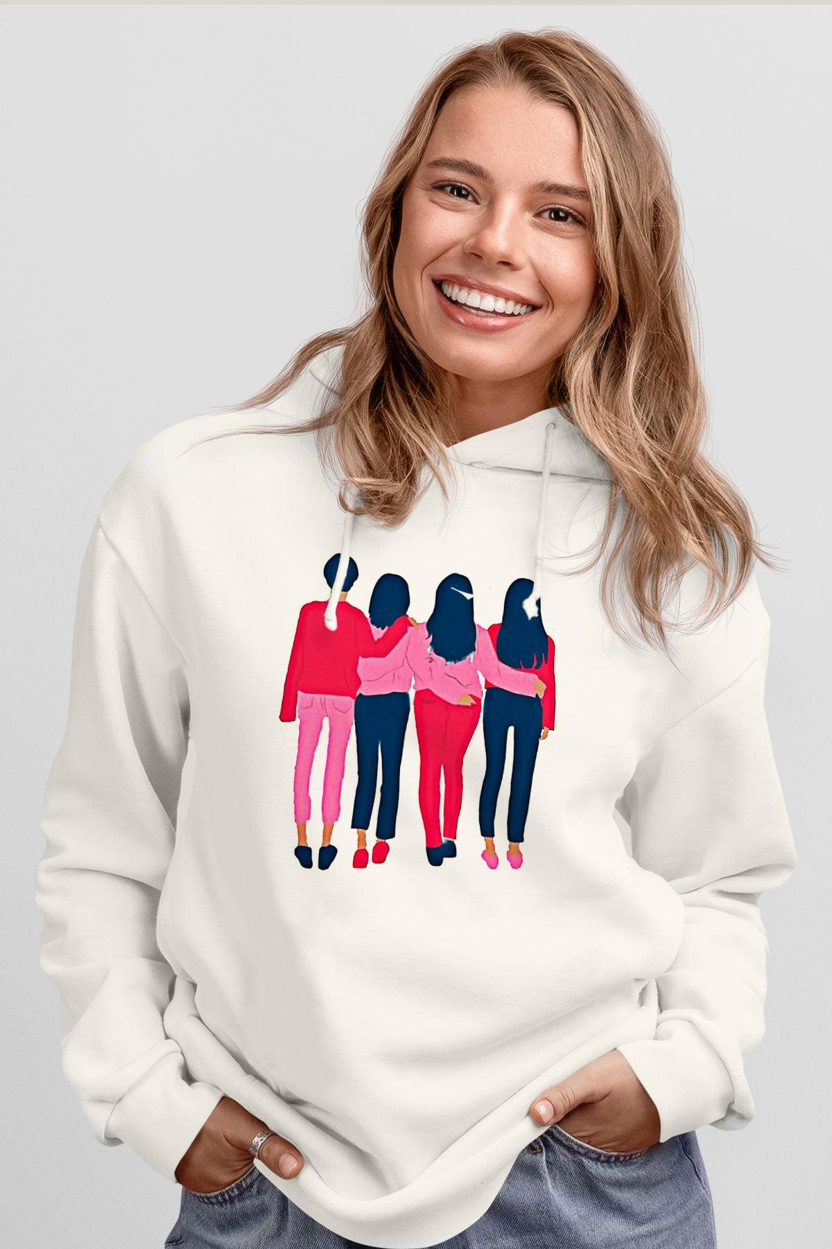Kadınlar Günü Baskılı Beyaz Unisex Kapüşonlu Sweatshirt