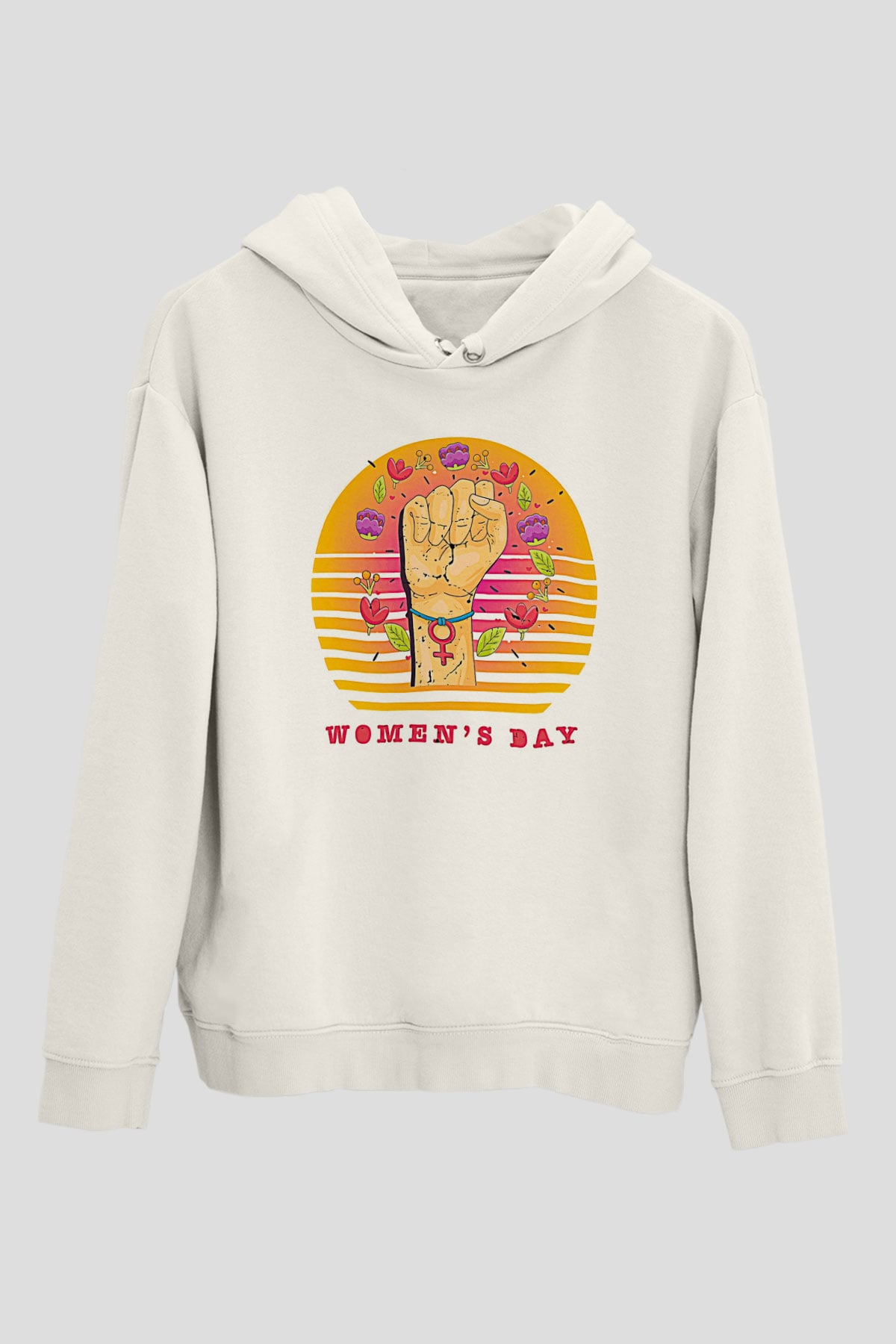 Kadınlar Günü Baskılı Beyaz Unisex Kapüşonlu Sweatshirt