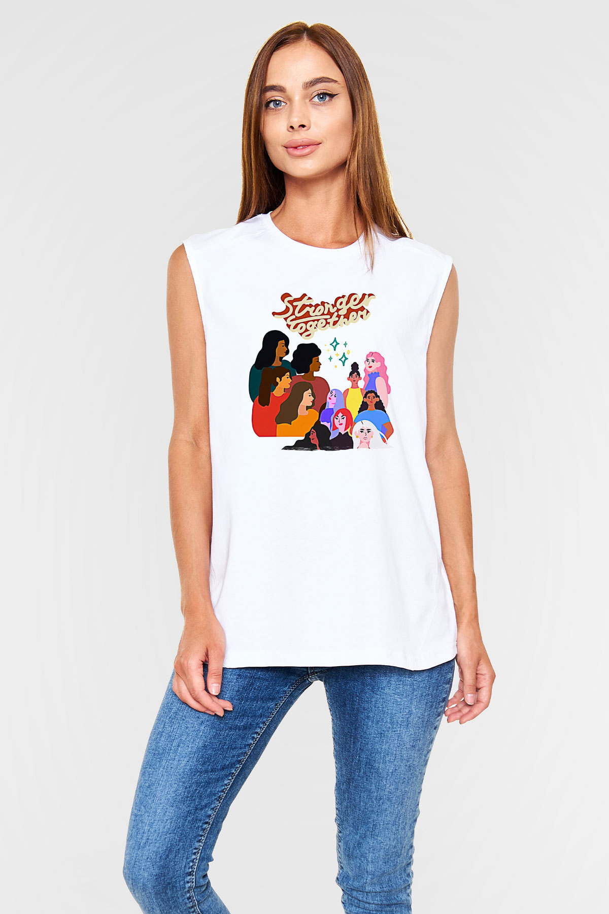 Kadınlar Günü Baskılı Beyaz Unisex Kolsuz Tişört - Tshirt