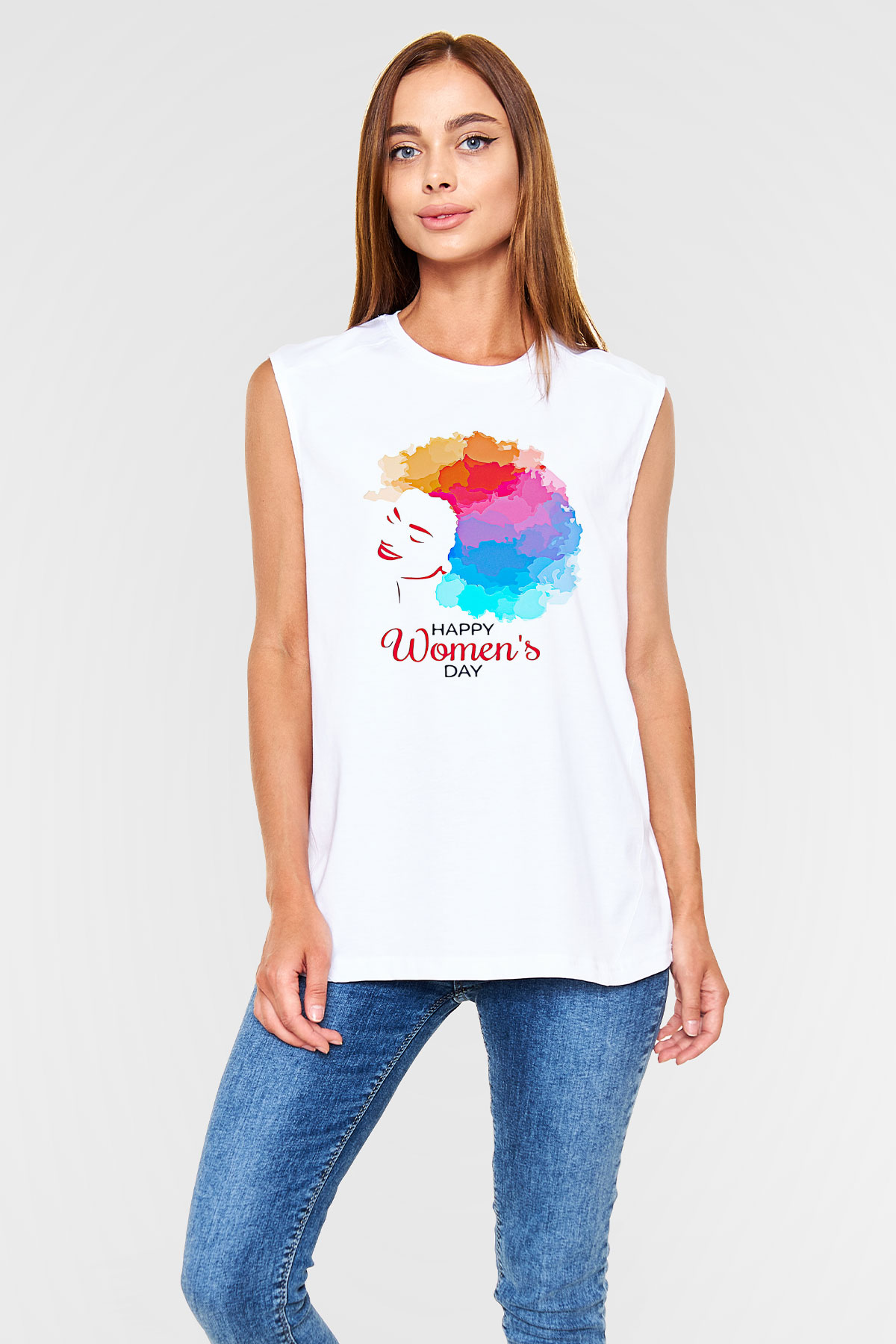 Kadınlar Günü Baskılı Beyaz Unisex Kolsuz Tişört - Tshirt