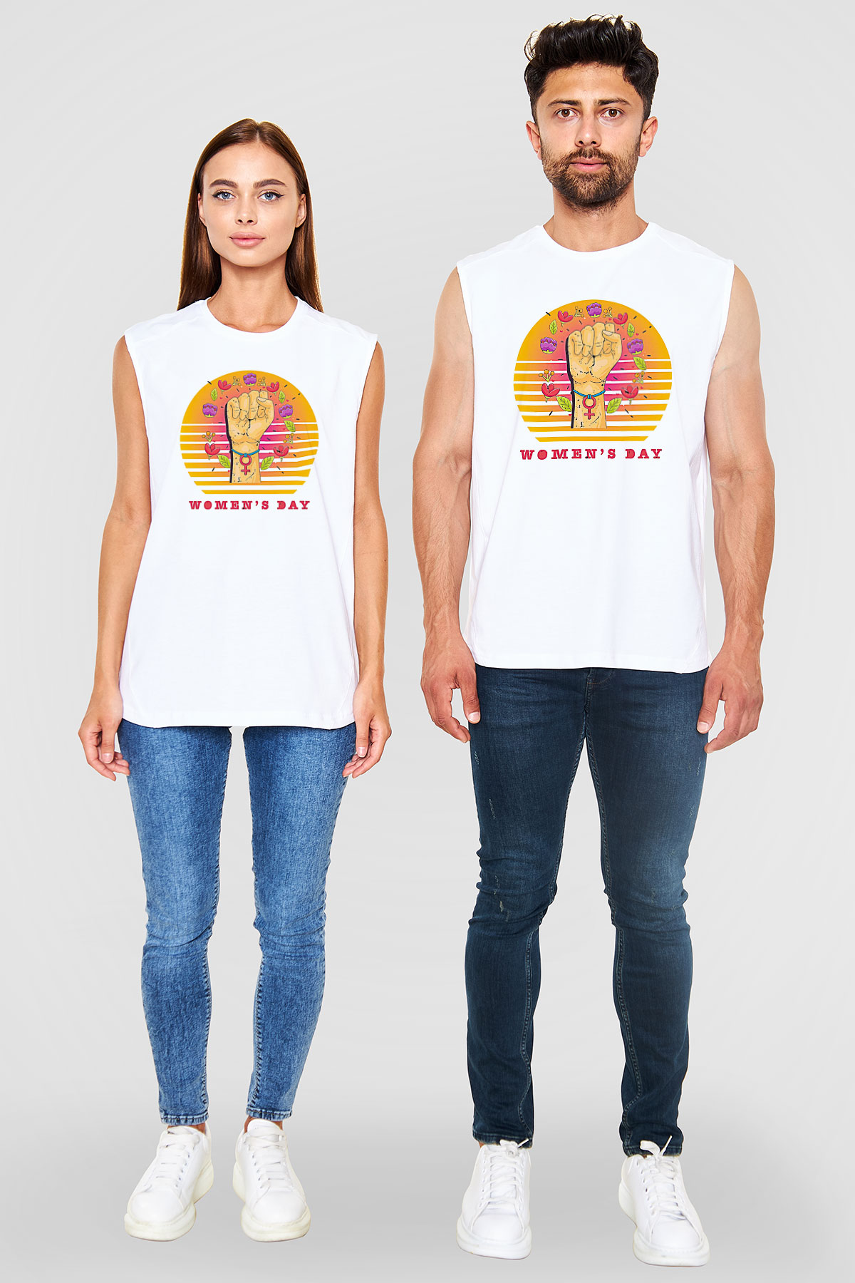 Kadınlar Günü Baskılı Beyaz Unisex Kolsuz Tişört - Tshirt