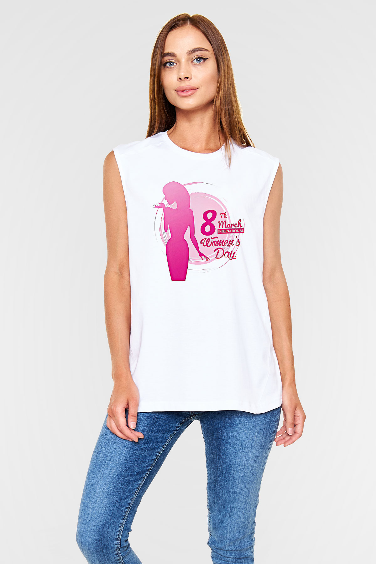 Kadınlar Günü Baskılı Beyaz Unisex Kolsuz Tişört - Tshirt